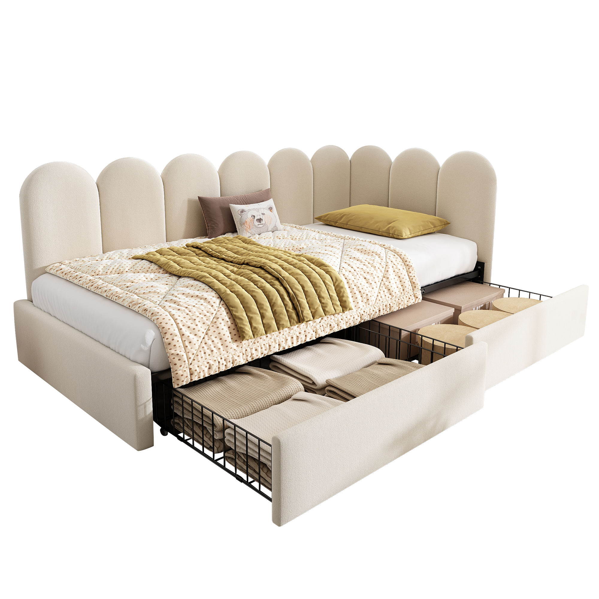 Lit enfant, avec tiroirs, 90 x 190 cm, velours, beige - vue 7