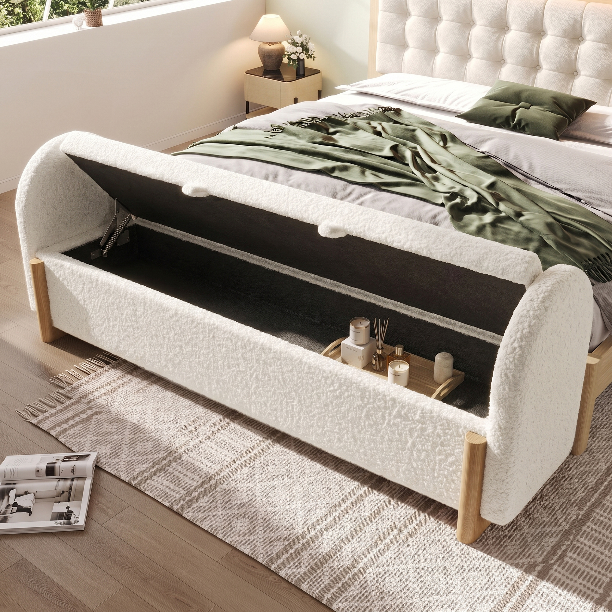 banc de lit tissu bouclé blanc aspect laine douce