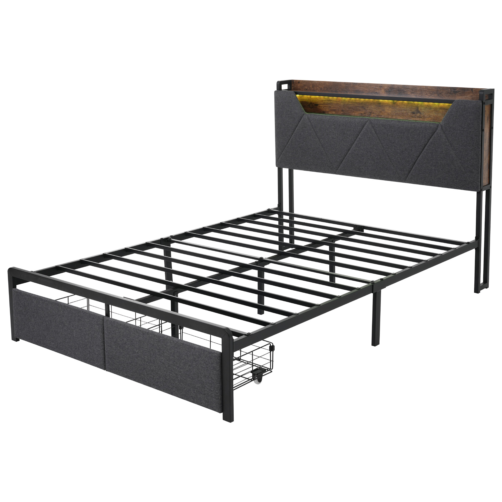 Cadre de lit, éclairage LED, ports USB, tête de lit, avec tiroirs, 160 x 200 cm, métal, gris - vue 6