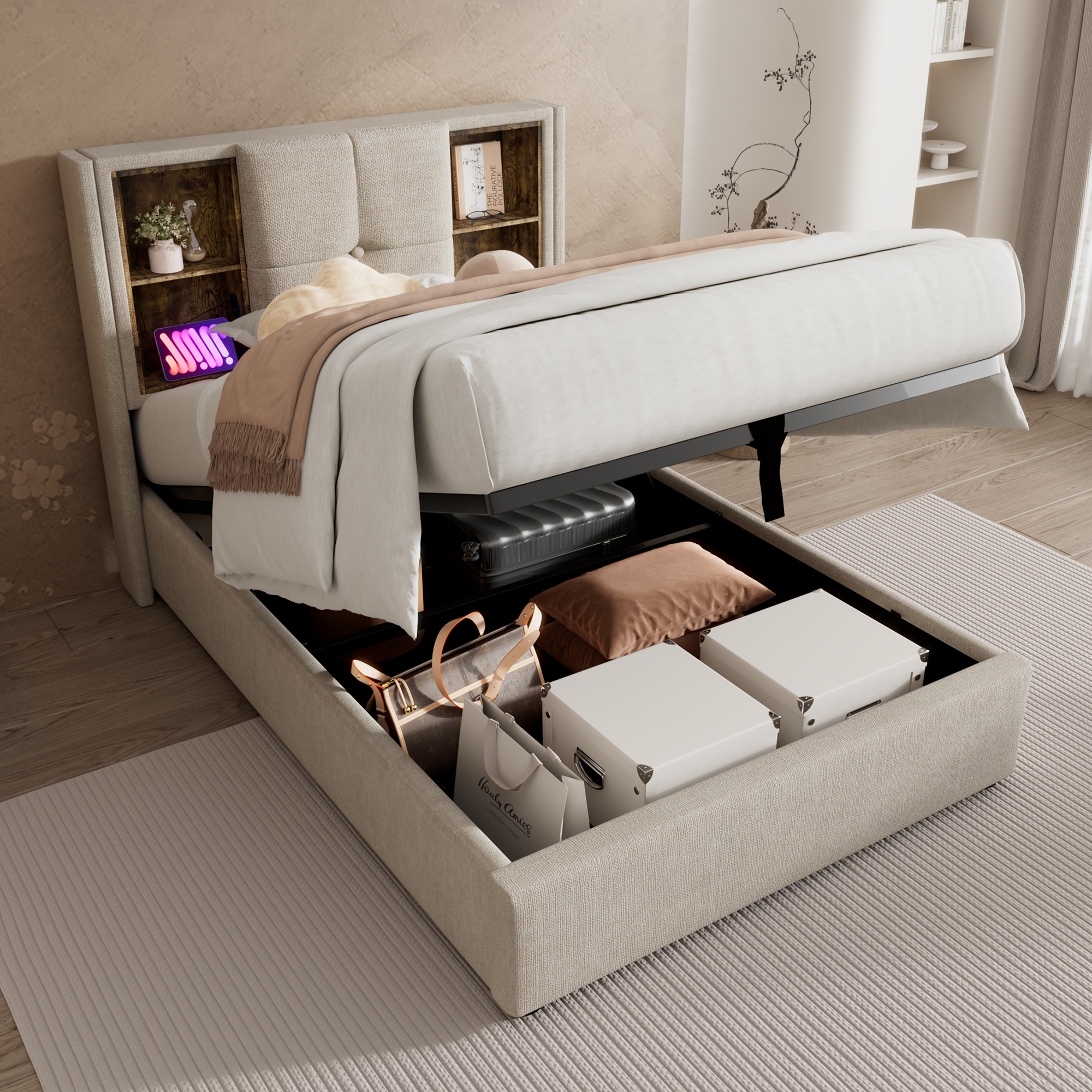 Lit rembourré simple 90 x 200 cm, charge sans fil, USB C, rangement, lin naturel, 206 x 95 x 100,5 cm
