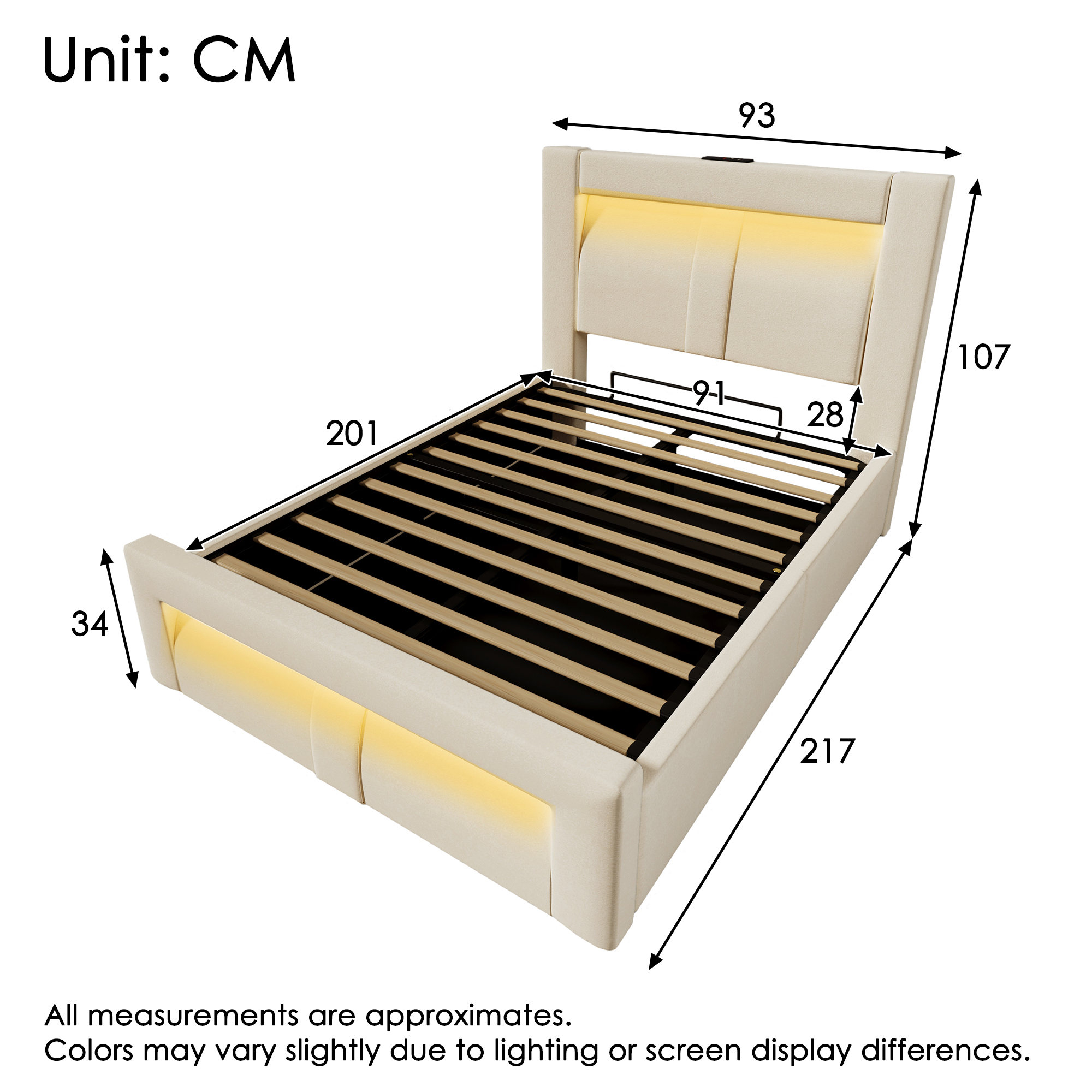 Dimensions et fonctions de Lit coffre rembourré en velours 90 x 200 cm avec rangement hydraulique, LED, ports USB-C et sommier à lattes, Beige, sans matelas