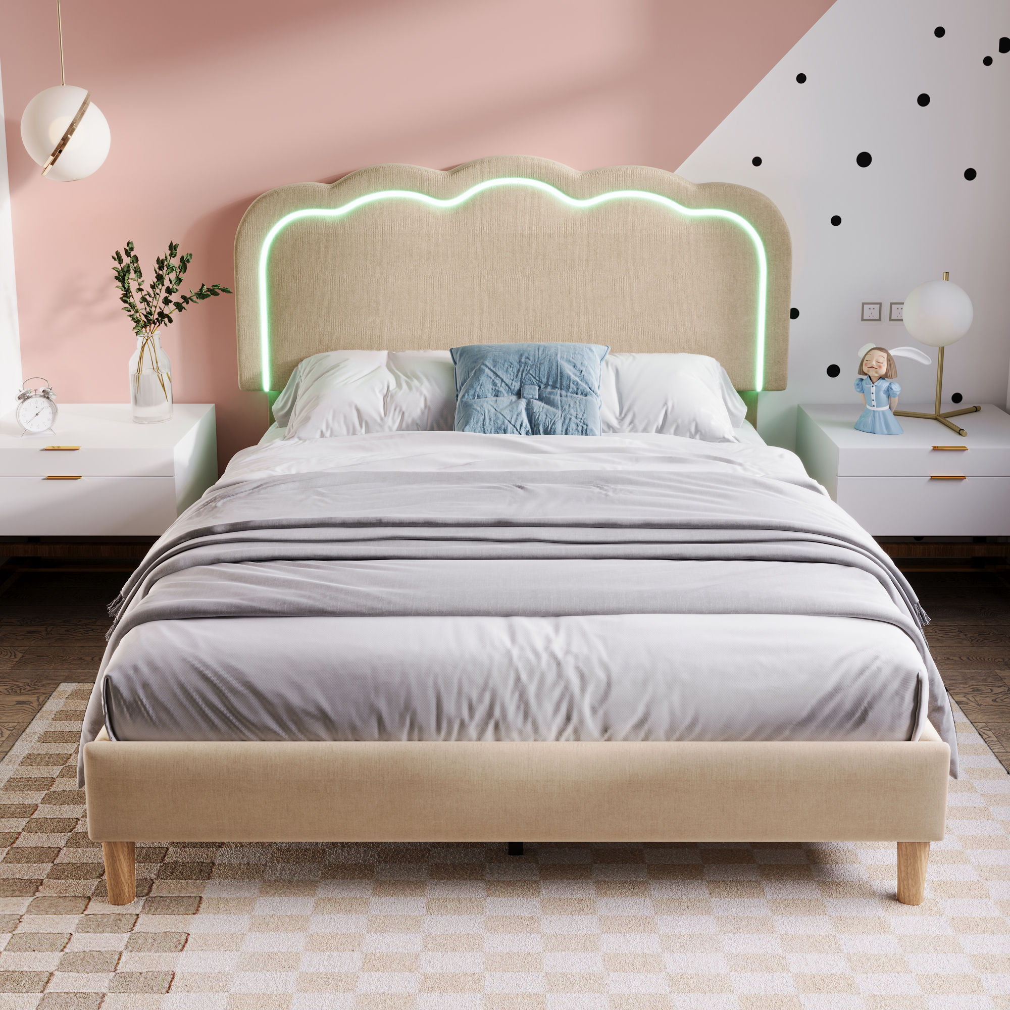 Lit avec tête de lit forme bouffée beige, LED ambiance, hauteur réglable, pour chambre, lumière douce enveloppante, atmosphère chaleureuse, design élégant, couleur beige polyvalente, confort et style moderne - image 4