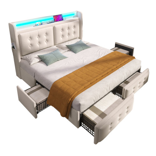 Lit capitonné beige dans la chambre
