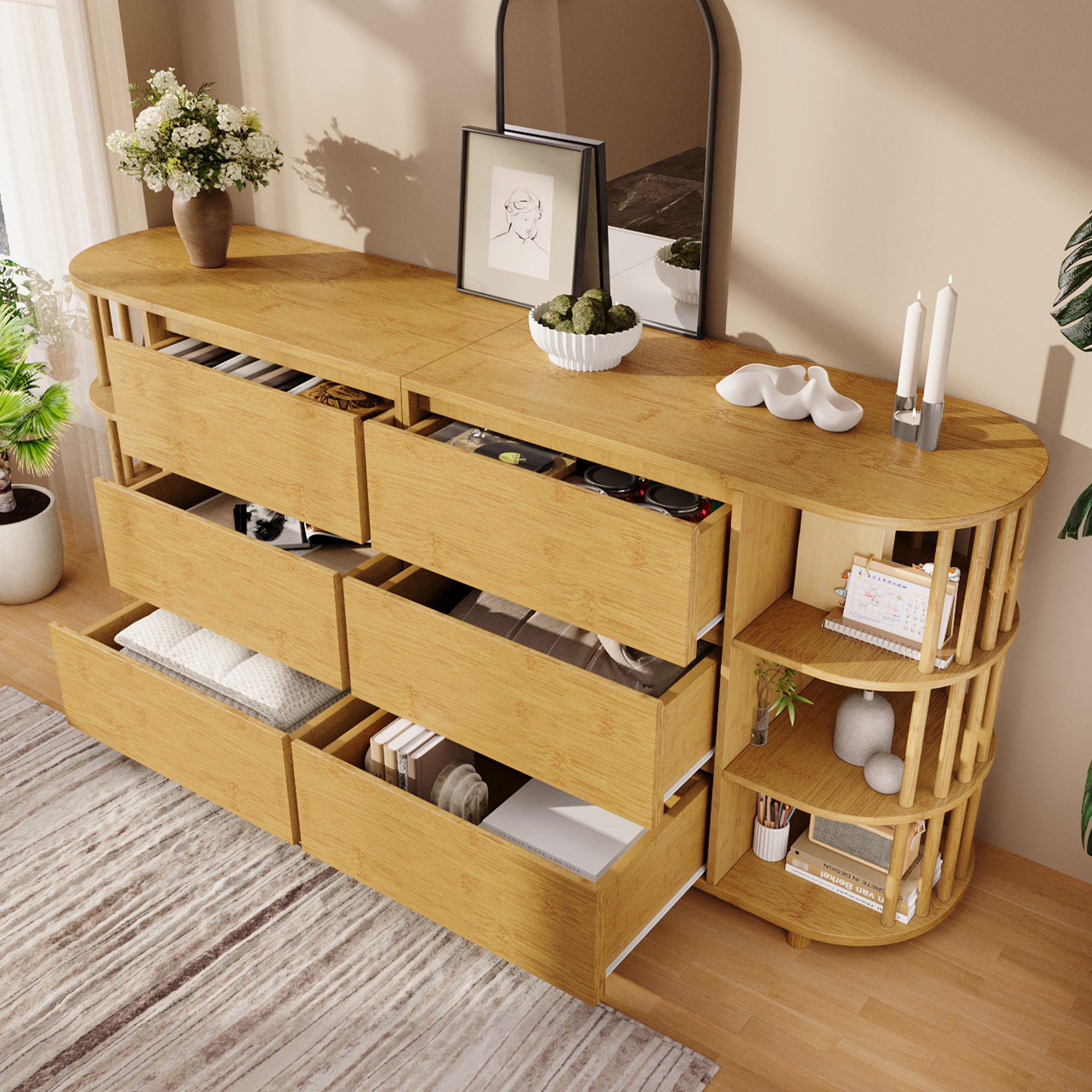 Meuble de rangement, hauteur réglable, avec tiroirs, 160 x 40 x 75 cm, MDF, chêne - vue 7