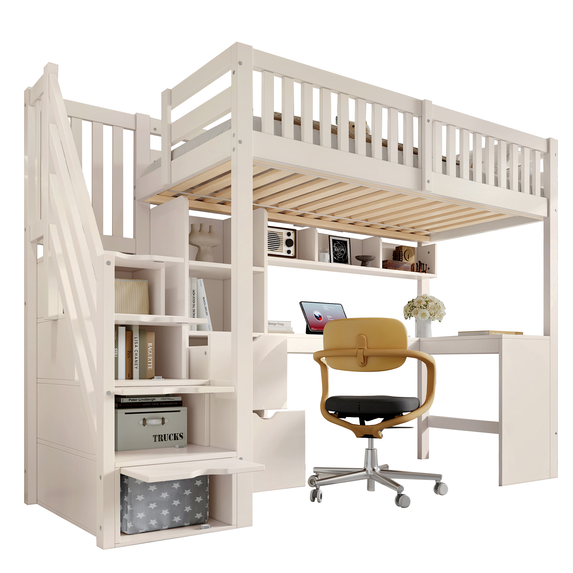 Détails de Lit mezzanine en bois 90 x 200 cm avec bureau d’angle, escalier avec rangements, tiroirs et barrières de sécurité, Blanc, sans matelas