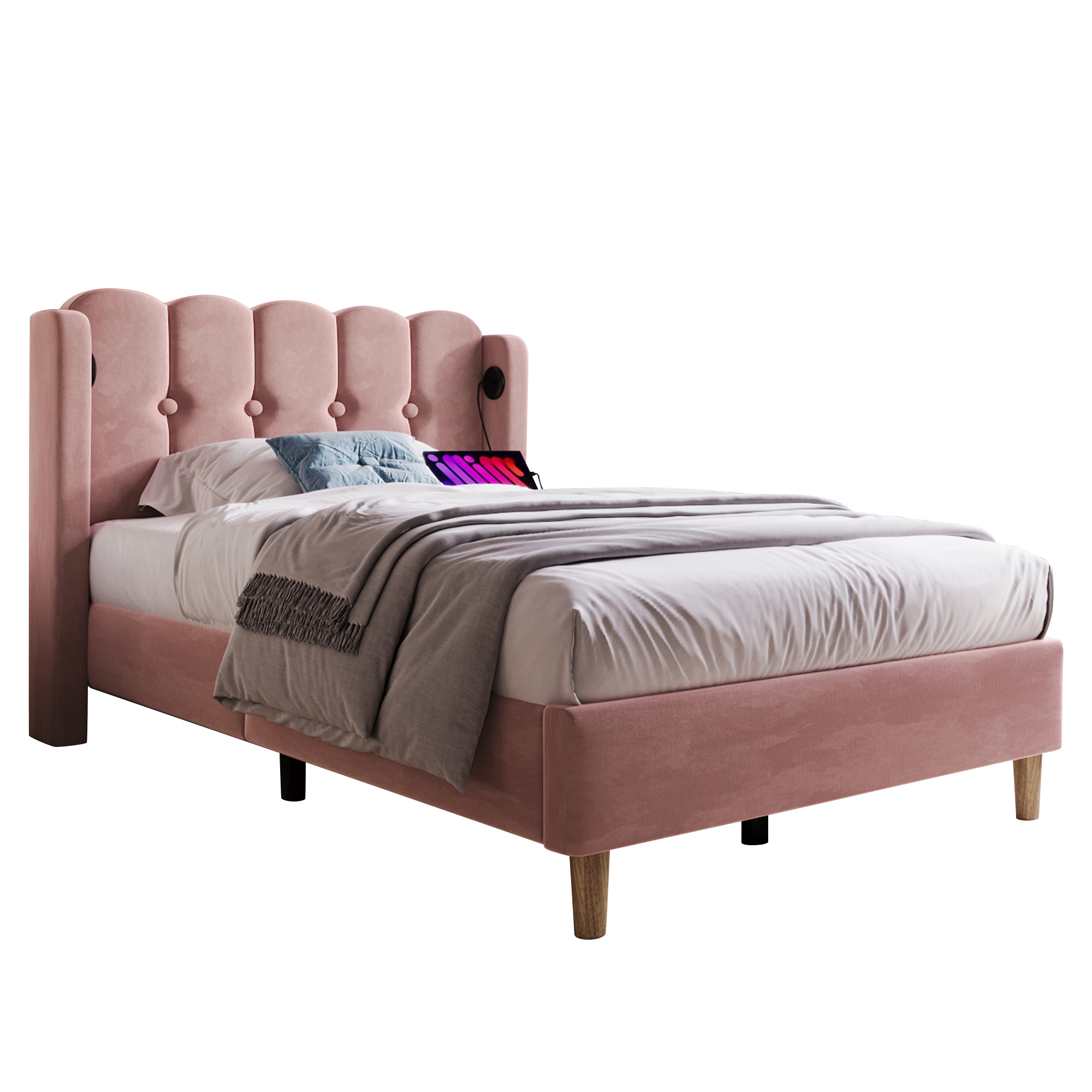 Matelas 406 ressorts + 2 mousses certifiée Oeko-Tex, lit avec tête de lit design panneau en velours rose, style rustique chaleureux, pour chambre, sommeil confortable, couleur rose clair, design élégant - image 1