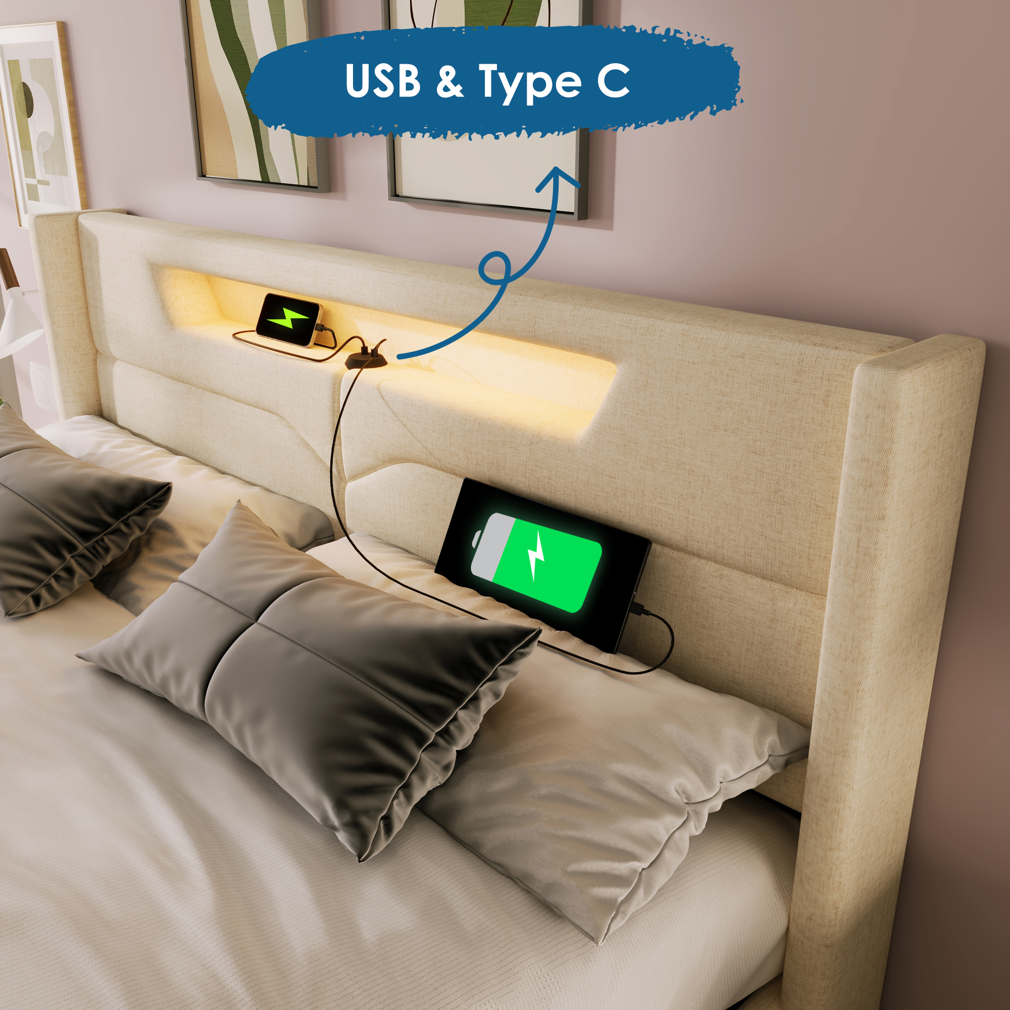 Polsterbett LED Doppelbett mit USB Typ C Ladefunkt
