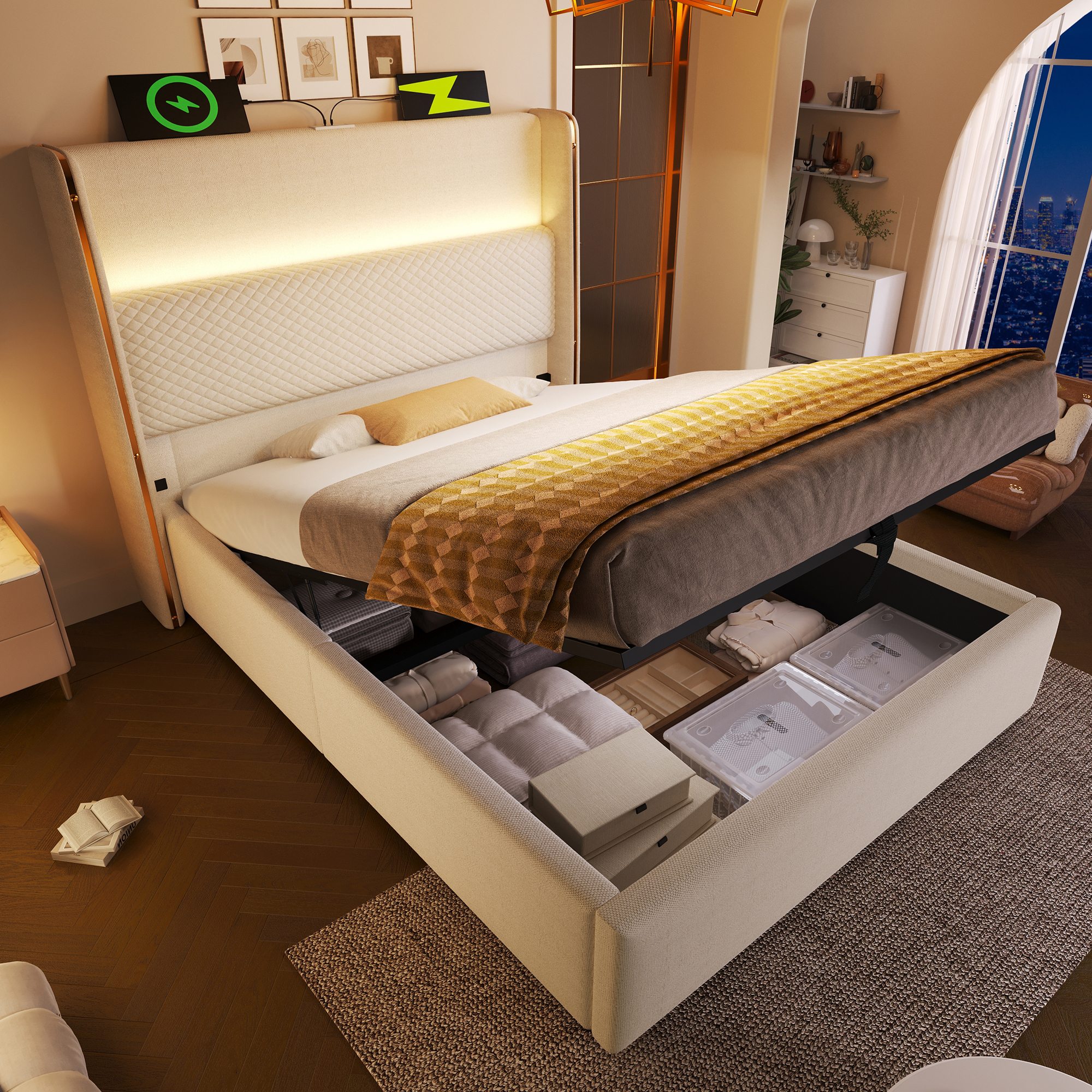 Lit coffre rembourré 90 x 200 cm avec toboggan, LED, ports de charge, rangement hydraulique, lin, Beige - vue principale