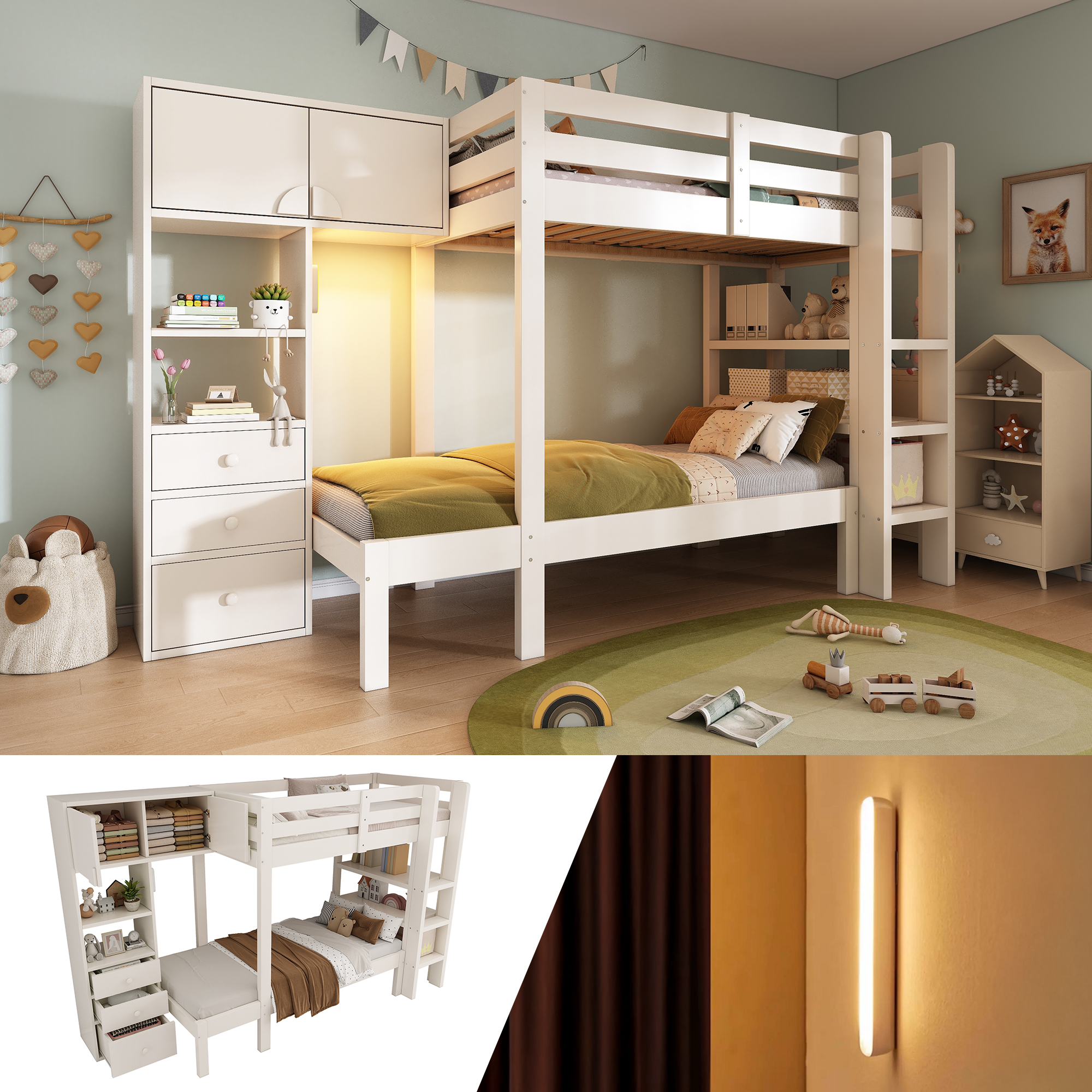 Etagenbett 90x200 cm mit intelligentem Nachtlicht,