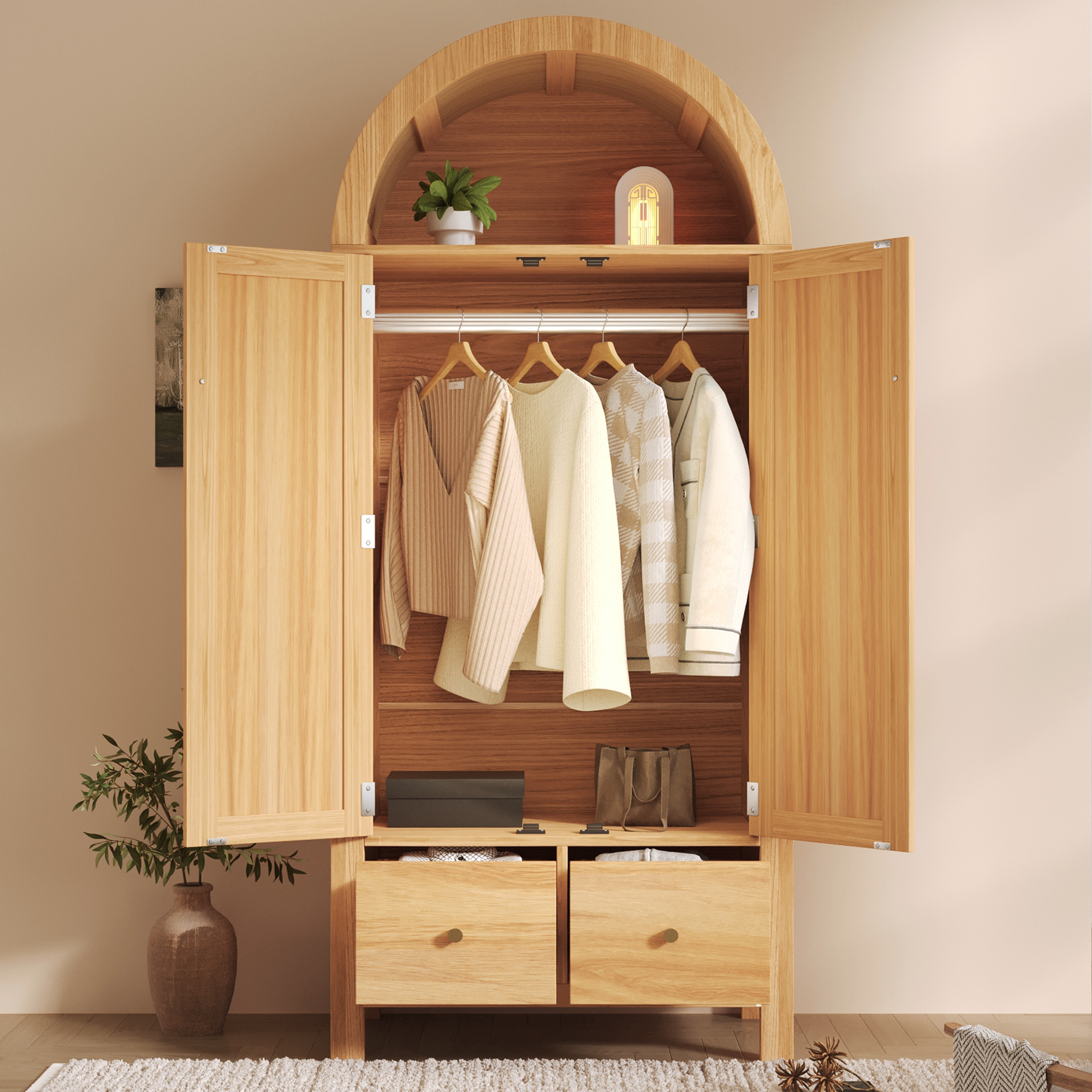 Armoire effet chêne avec portes rotin et rangement penderie