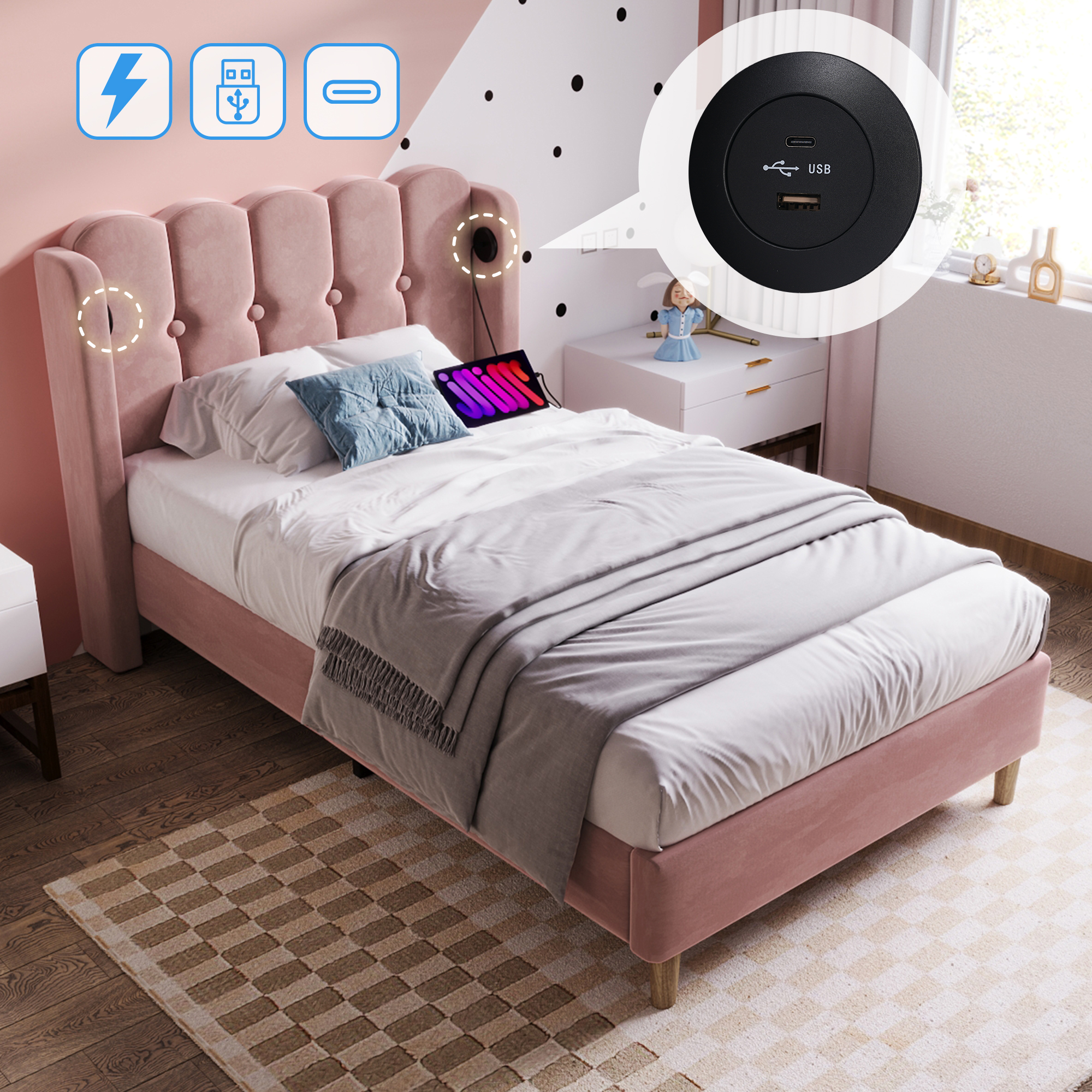 Lit rembourré simple 90 x 200 cm, tête panneautée, USB Type-C, velours rose, 208 x 103 x 103 cm