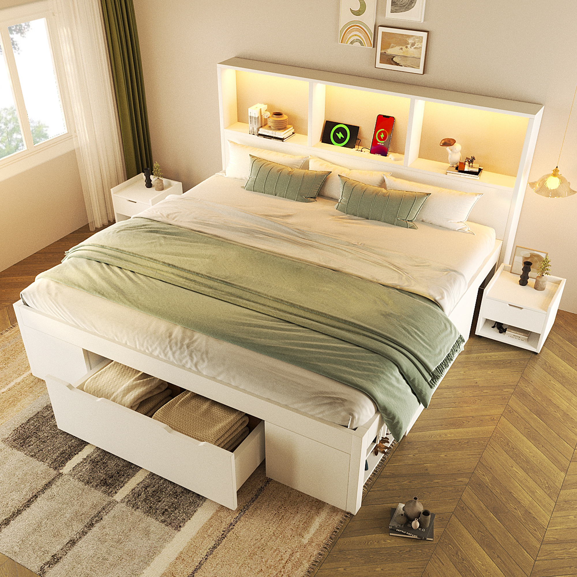 Lit double blanc 140x200 cm avec rangement