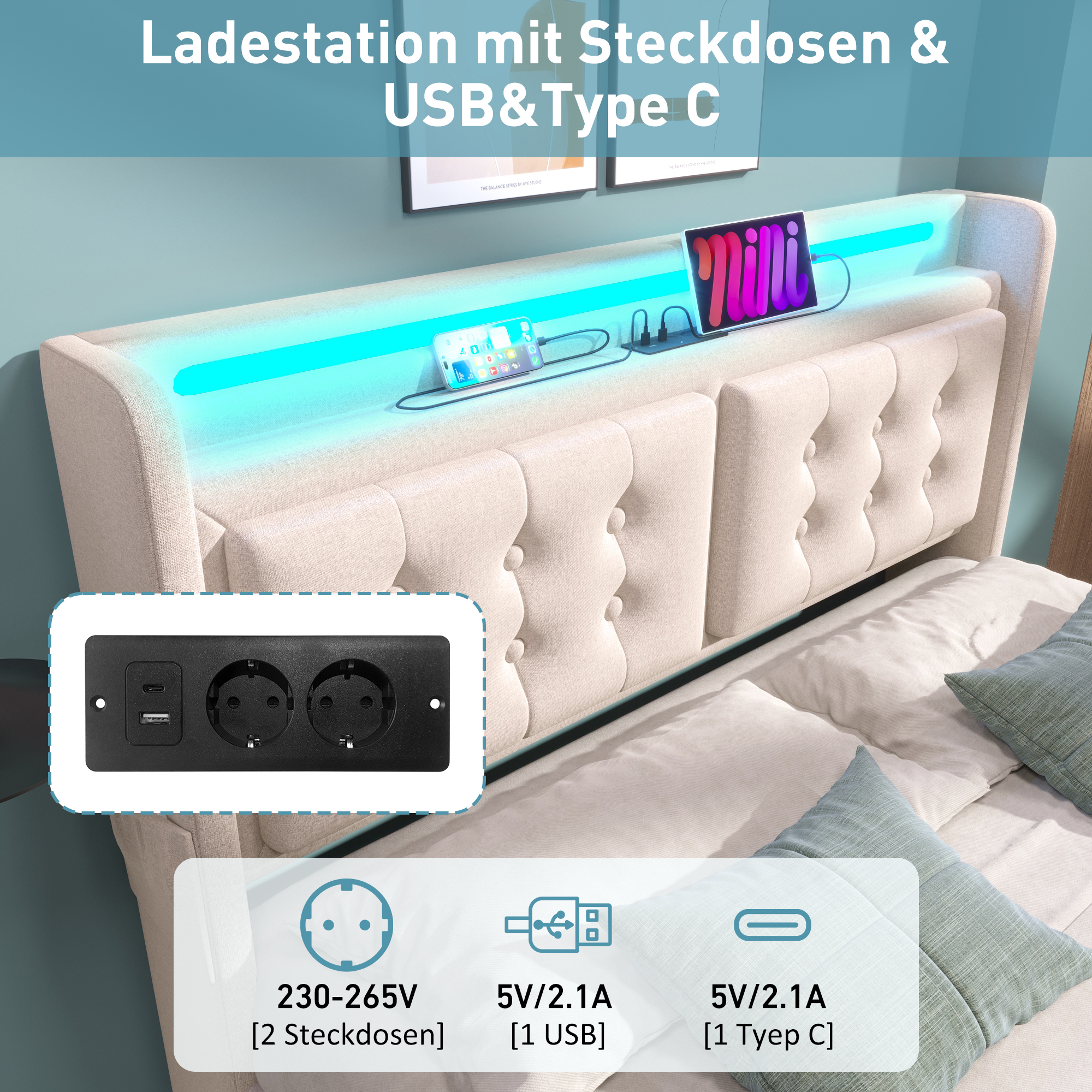 Tête de lit fonctionnelle avec LED et charge
