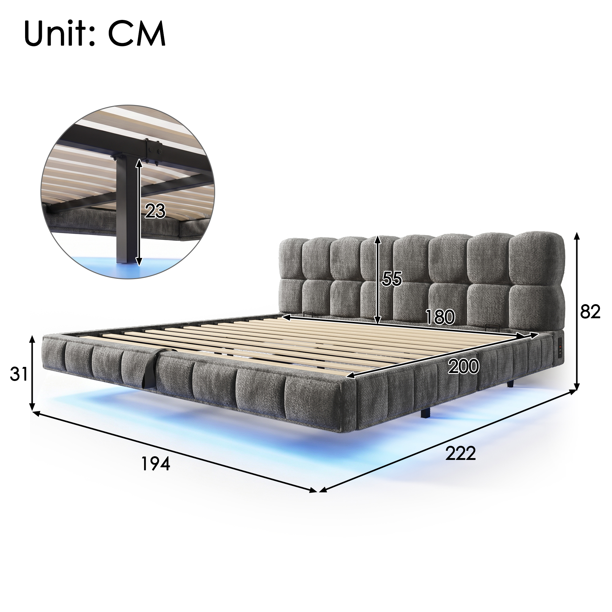 Détails du lit banquette avec LED