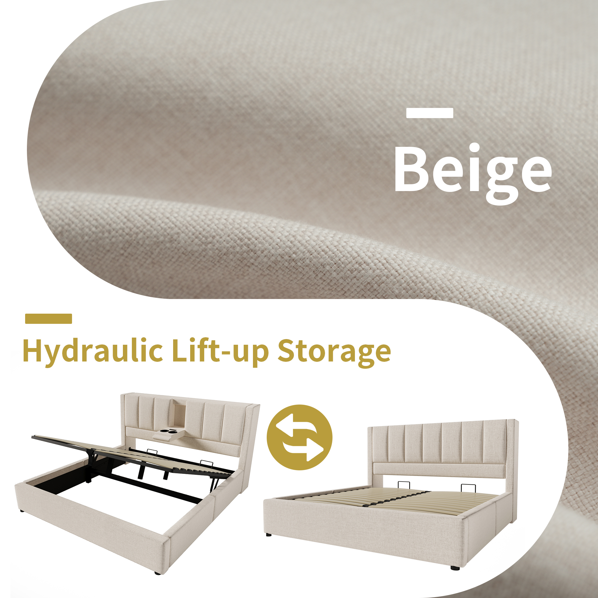 Présentation de Lit coffre rembourré en lin 140 x 190 cm avec rangement hydraulique, ports USB-C, porte-gobelet et sommier à lattes, Beige, sans matelas