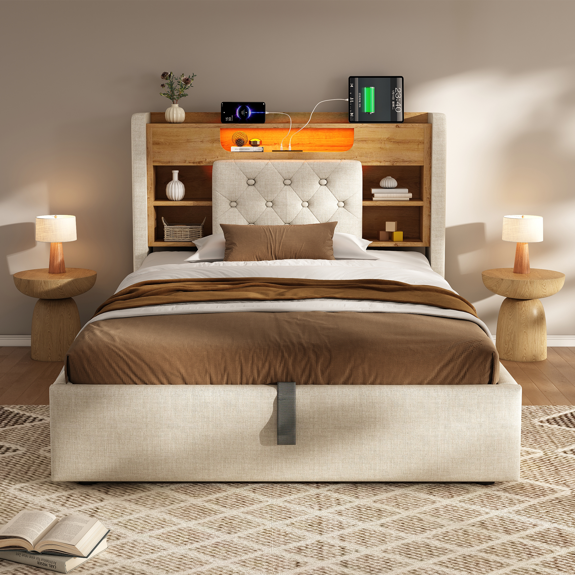 Lit rembourré 90 x 200 cm avec éclairage LED, port USB / Type-C, rangements intégrés, rangement hydraulique, beige - présentation 1
