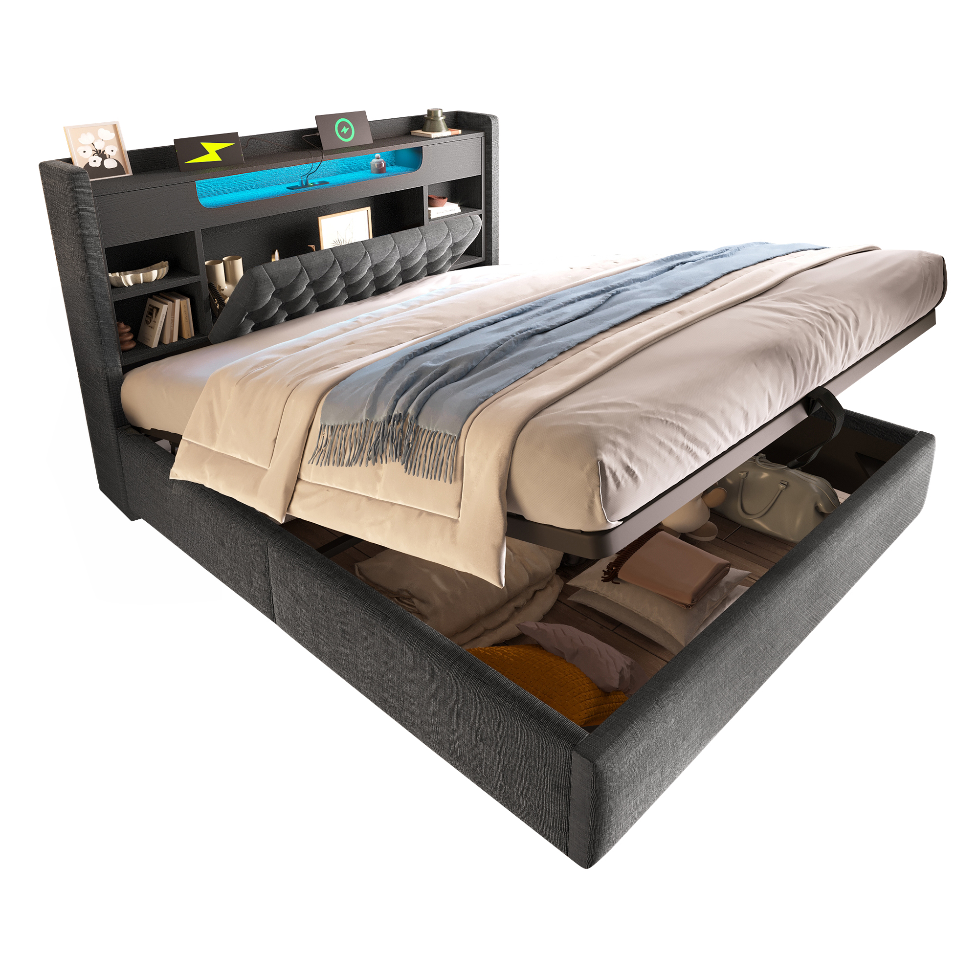 Lit rembourré 140 x 200 cm avec éclairage LED, port USB / Type-C, rangements intégrés, rangement hydraulique, gris - points forts 1