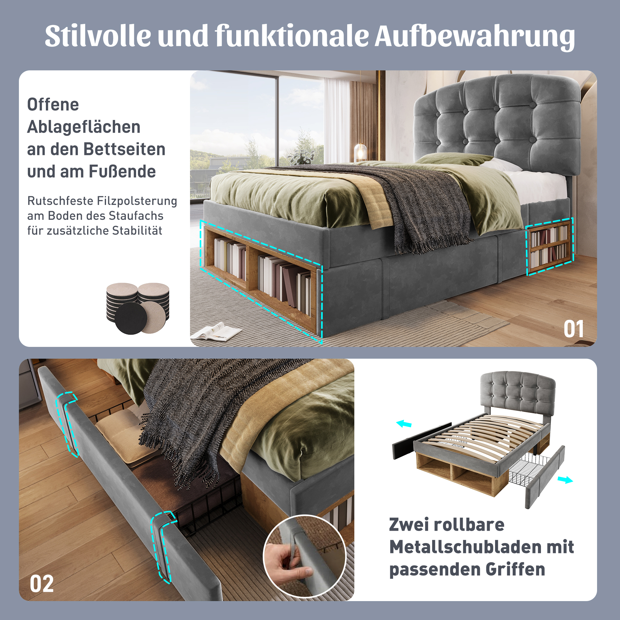 Einzelbett 90x200 Polsterbett Samt Grau mit Latten