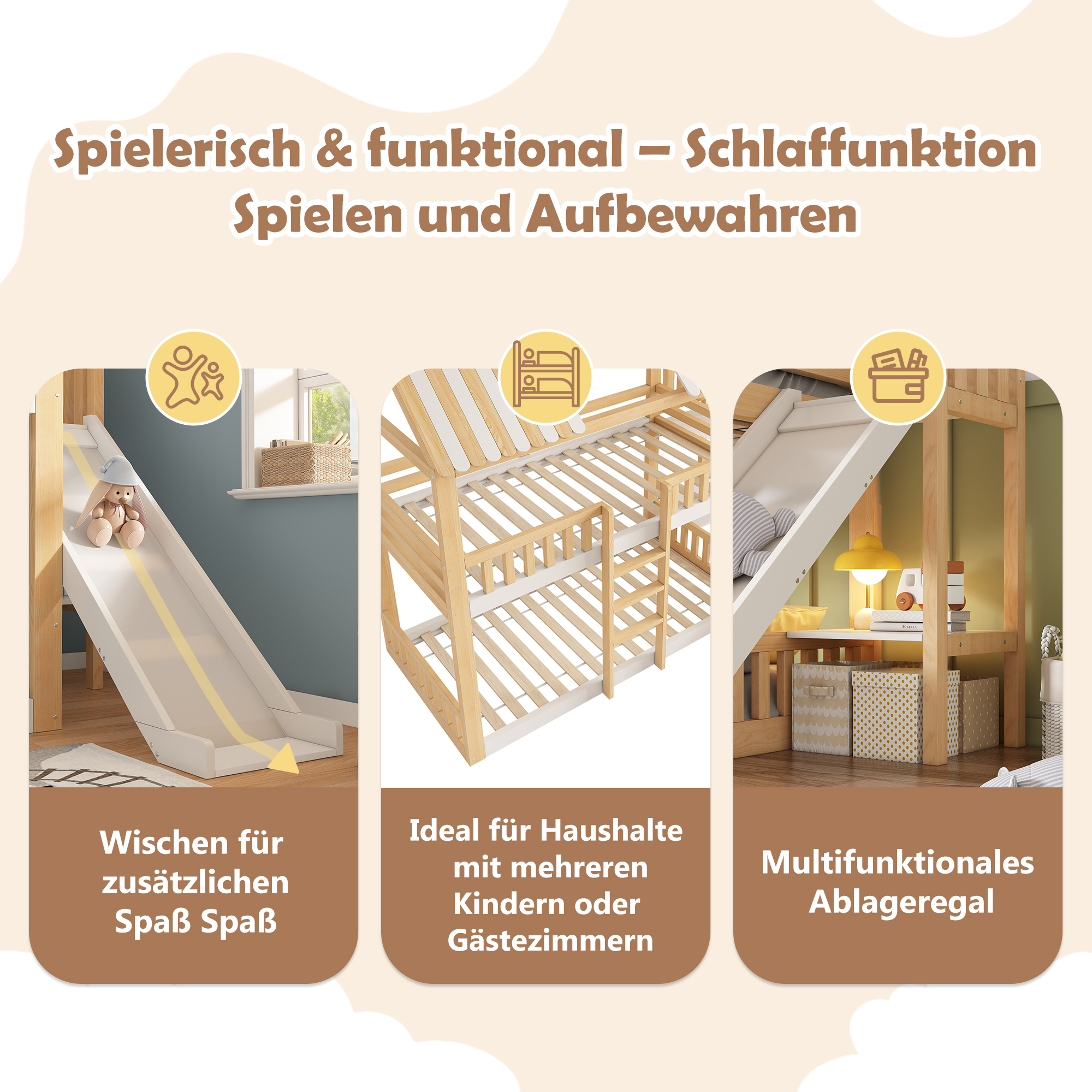 Etagenbett Kinder 90x200 mit Giebeldach Weiß&Natur