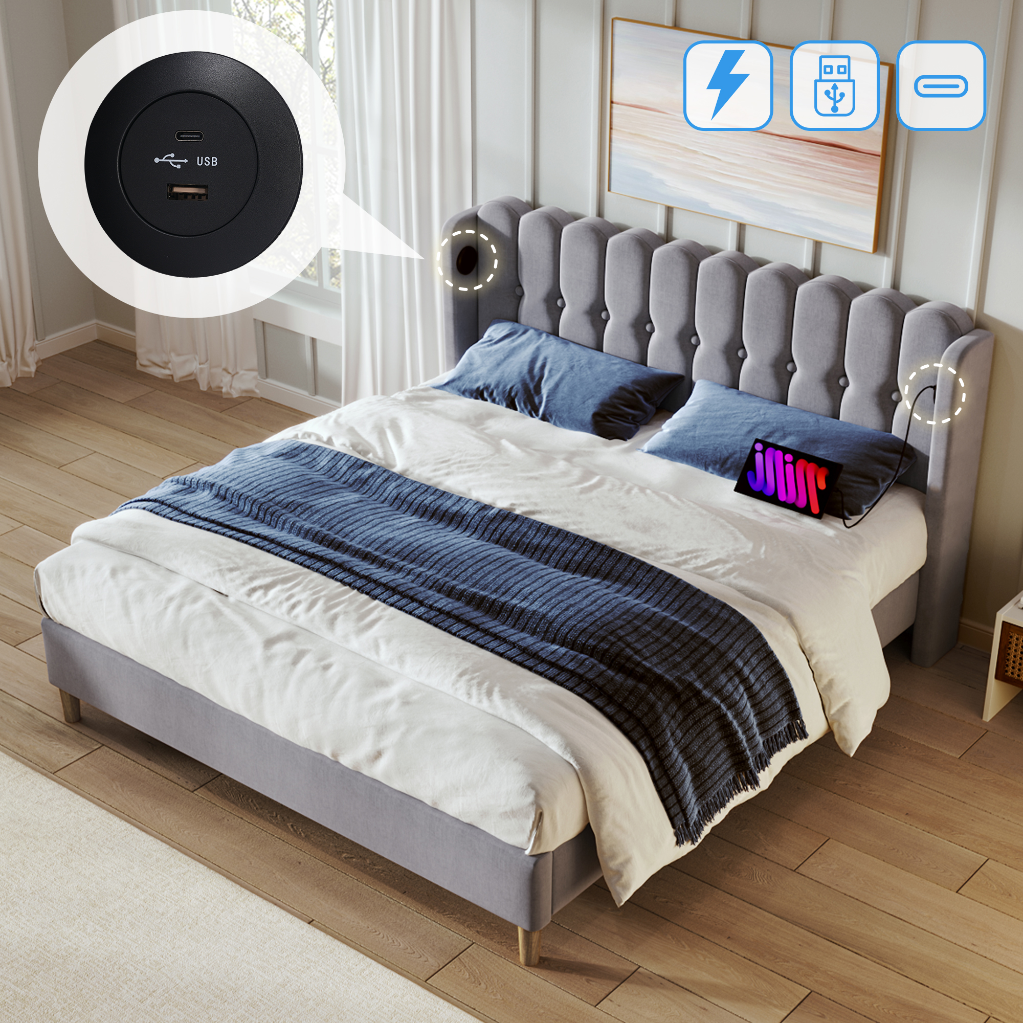 Polsterbett  Doppelbett  mit USB Typ C Ladefunktio