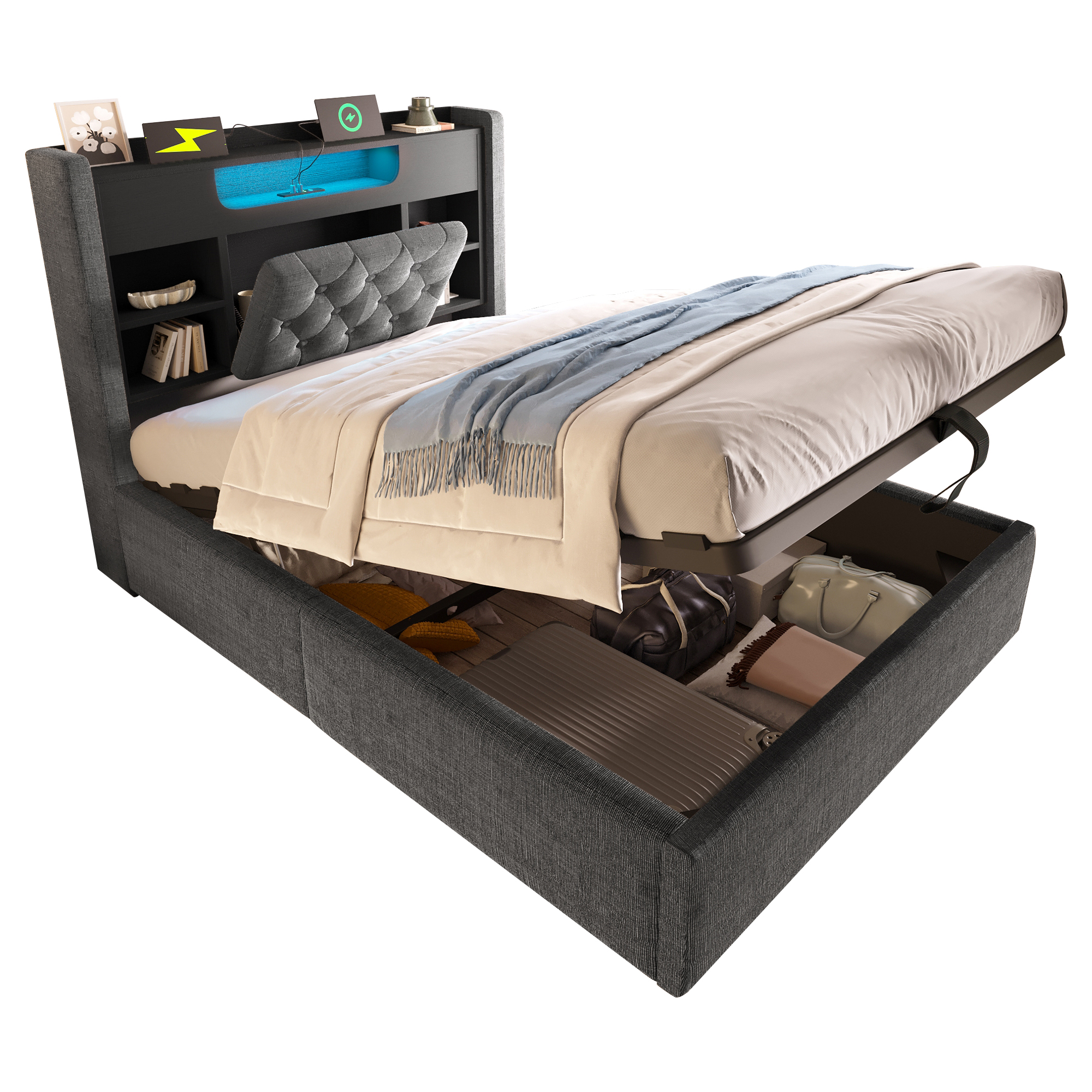 Lit rembourré 90 x 200 cm avec éclairage LED, port USB / Type-C, rangements intégrés, rangement hydraulique, gris - points forts 1