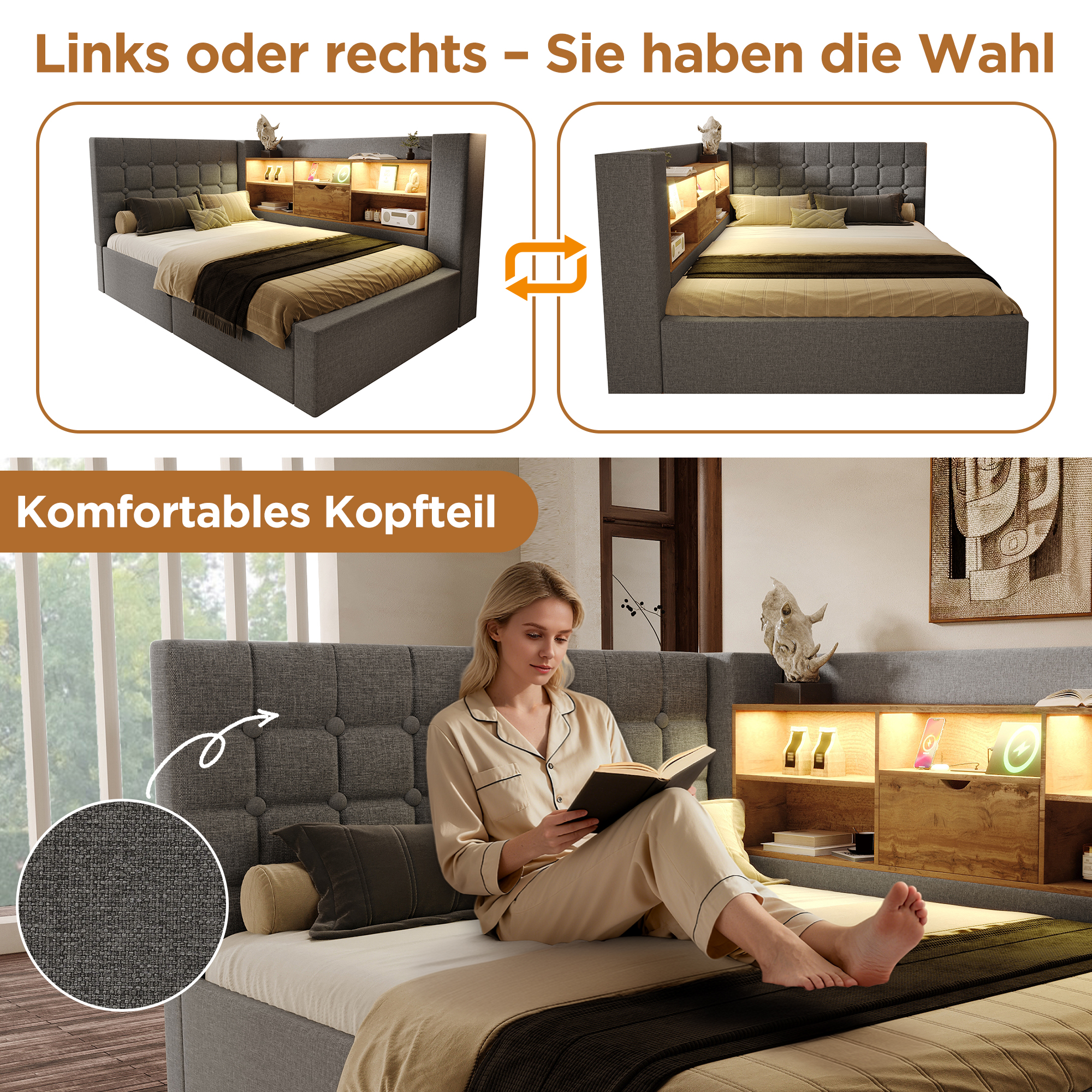Polsterbett 140x200 cm Doppelbett mit LED-Beleucht