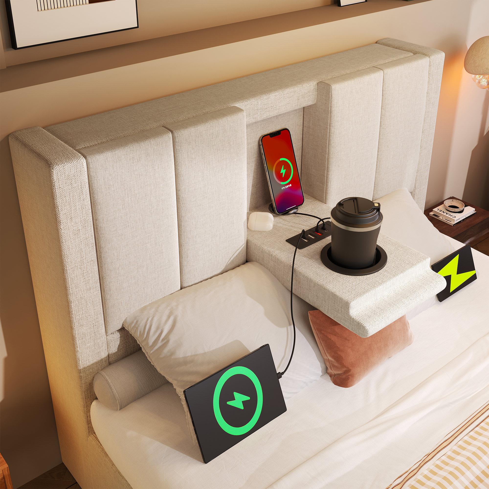 coussins amortissants EVA sur pièce métallique triangulaire au pied du lit