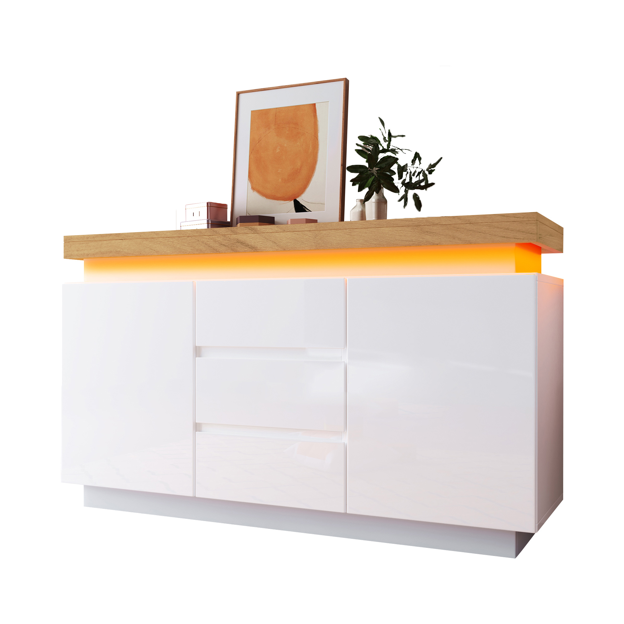 Commode, éclairage LED, avec tiroirs, 140 x 39 x 81 cm, panneaux de particules, blanc - vue 7