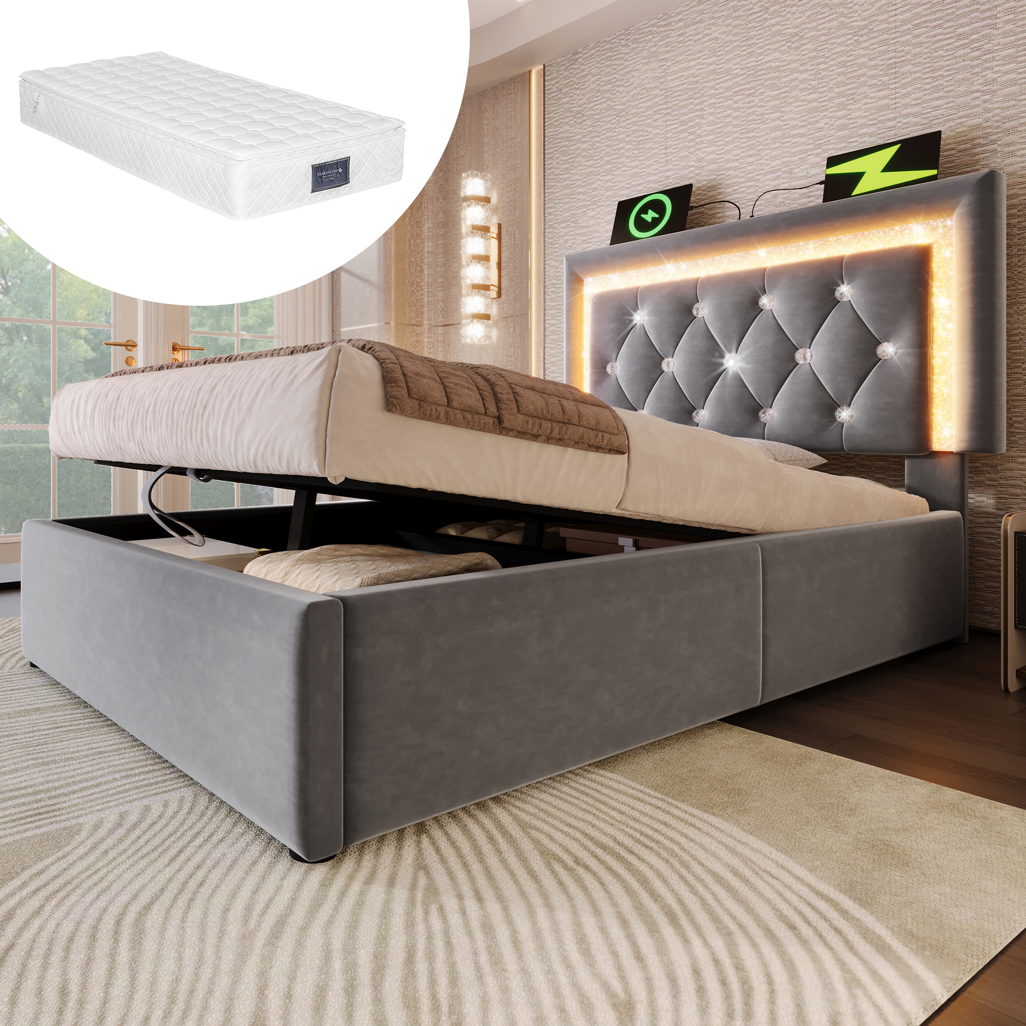 Polsterbett 90x200 cm Samt Einzelbett mit LED-Diam