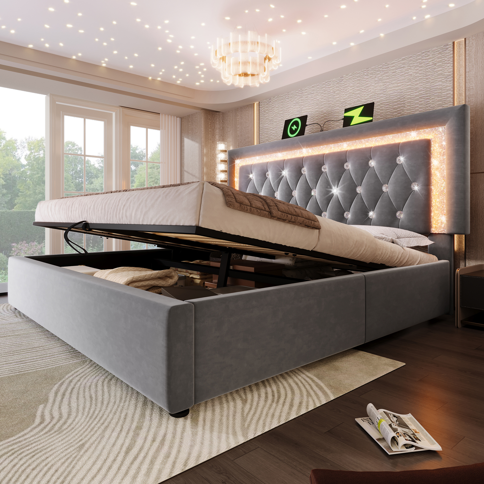 Polsterbett 140x200 cm Samt Doppelbett mit LED-Dia