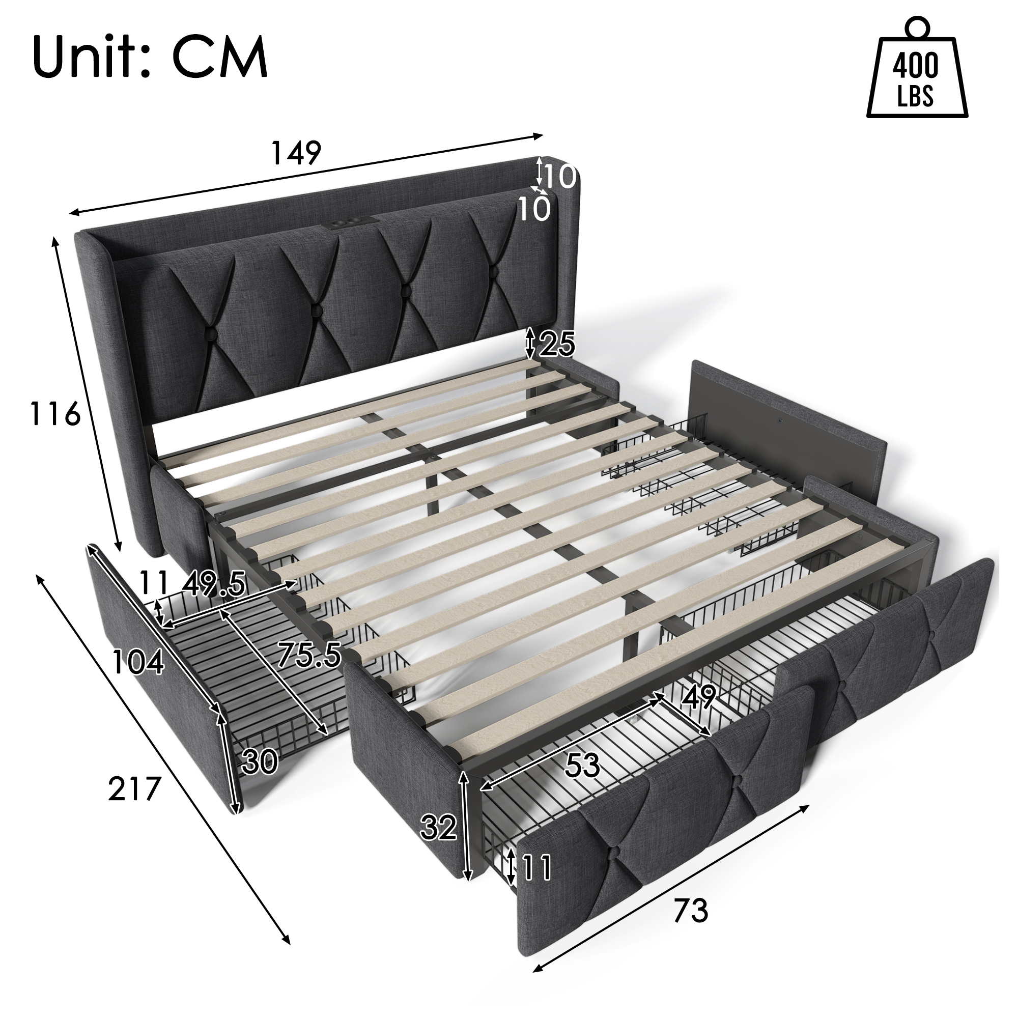 Polsterbett mit aufladen USB Ladefunktion Kopfteil