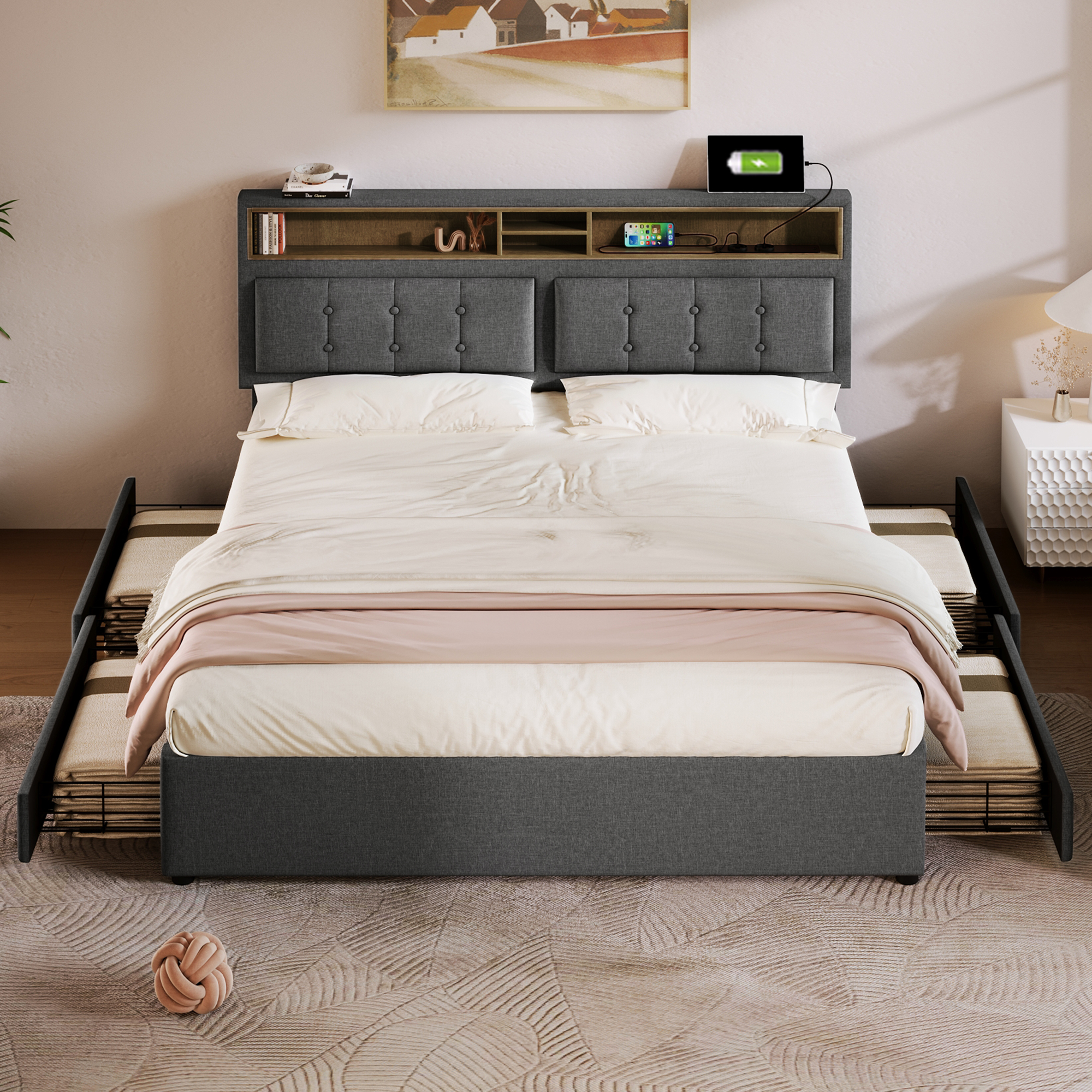 Doppelbett mit  4 Schubladen& USB C Steckdose, Pol