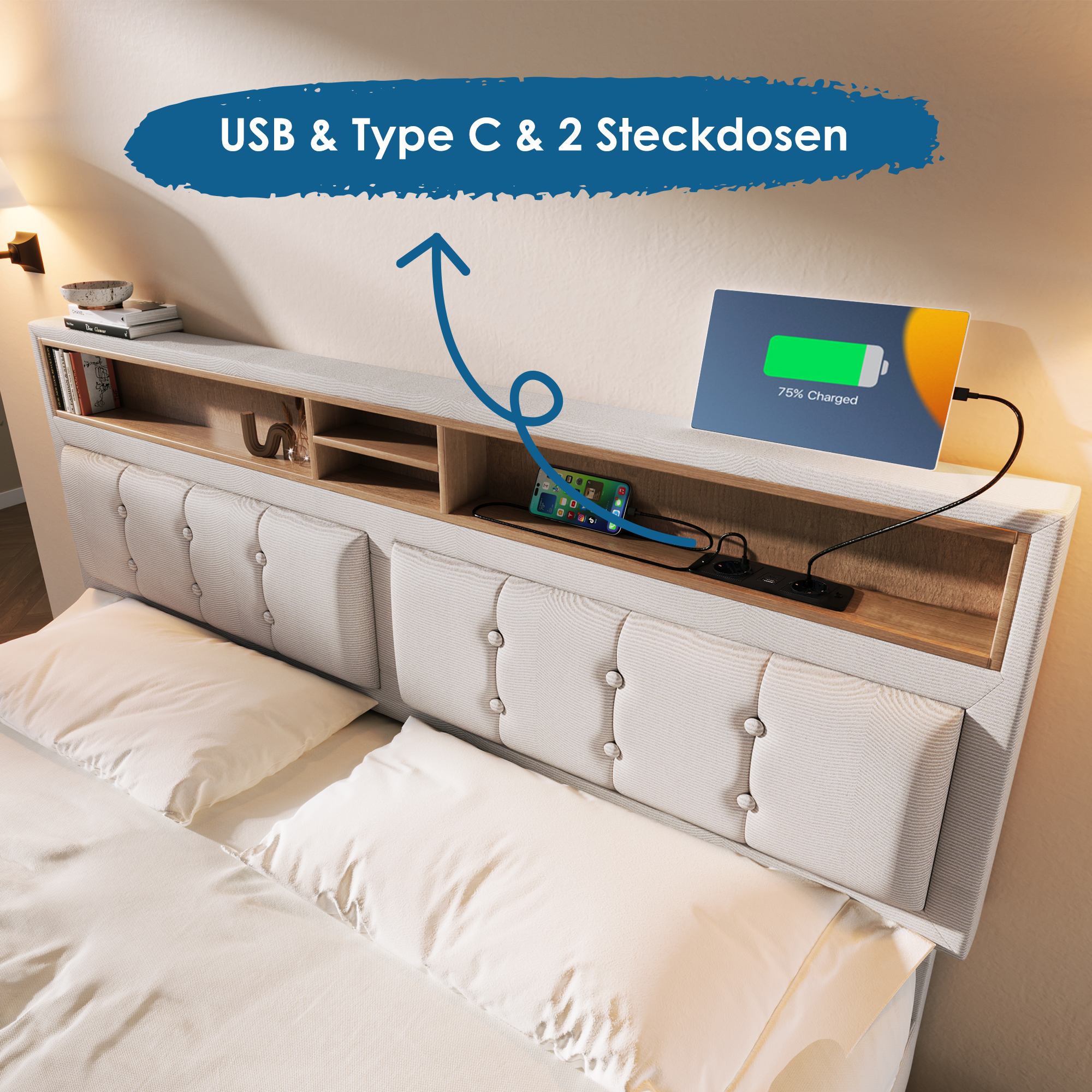 Polsterbett Doppelbett mit USB C Steckdose Ladefun