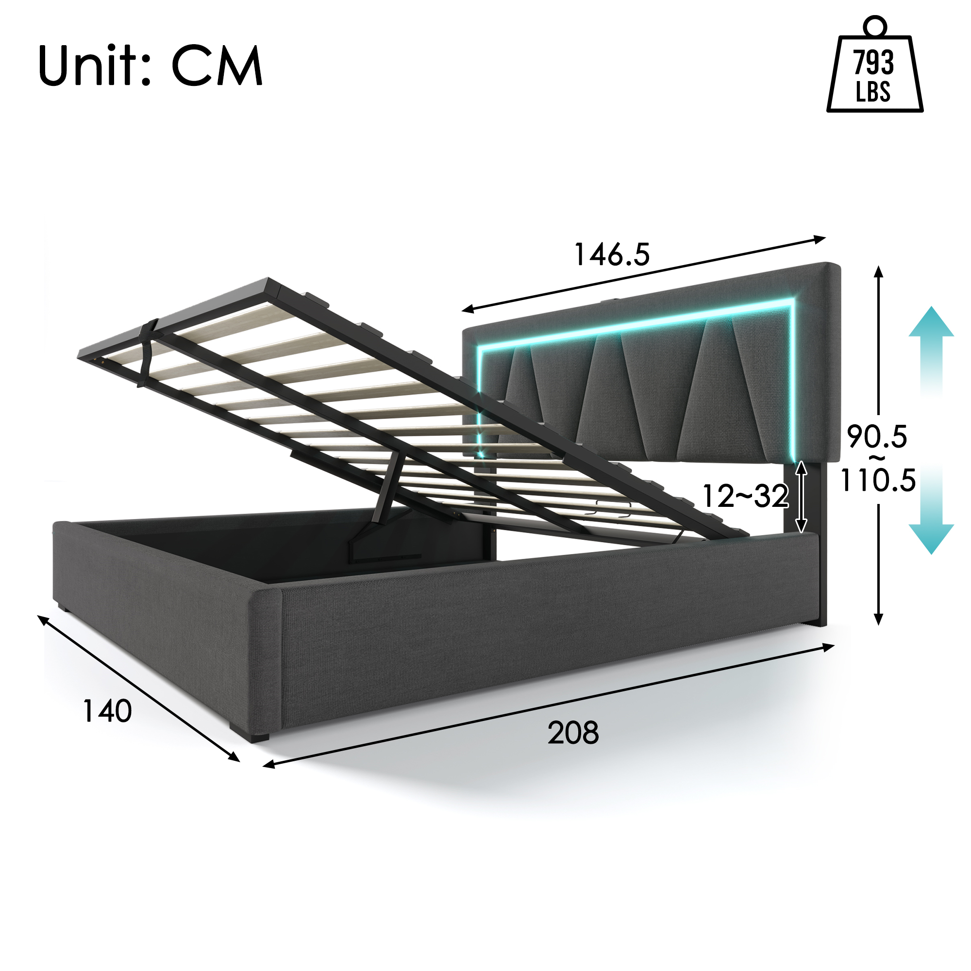 Polsterbett LED Doppelbett mit USB Typ C Ladefunkt
