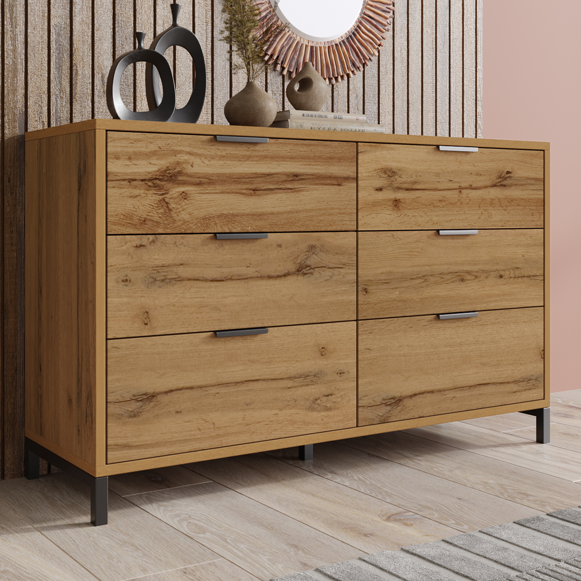 Commode, avec tiroirs, 120 x 40 x 76 cm, panneaux de particules, chêne - vue 6