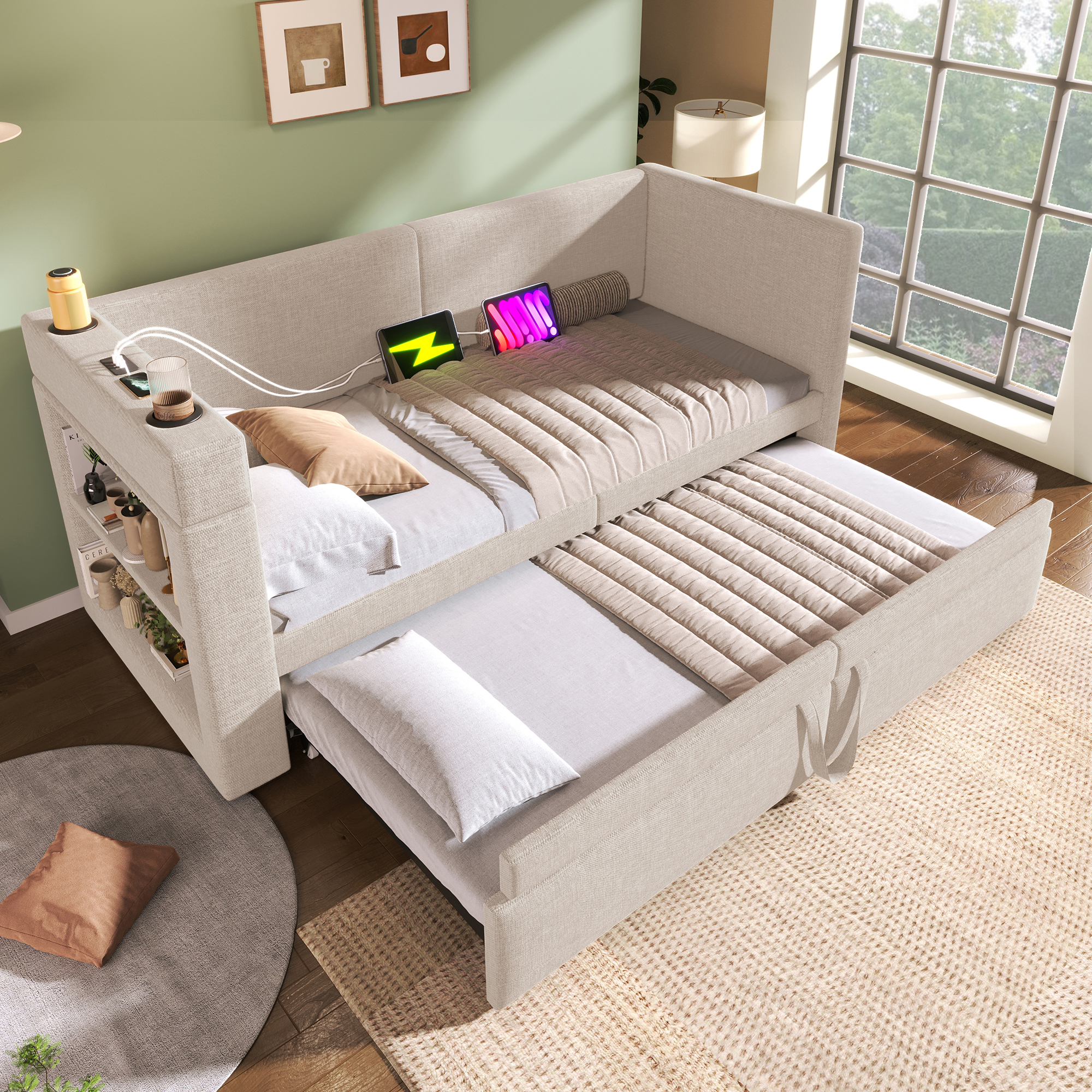 Canapé-lit escamotable, accoudoirs interchangeables, tissu lin-coton, roulettes et sangles, pour salon et chambre, utilisation flexible, confort toute saison, gain de place, design pratique moderne - image 14