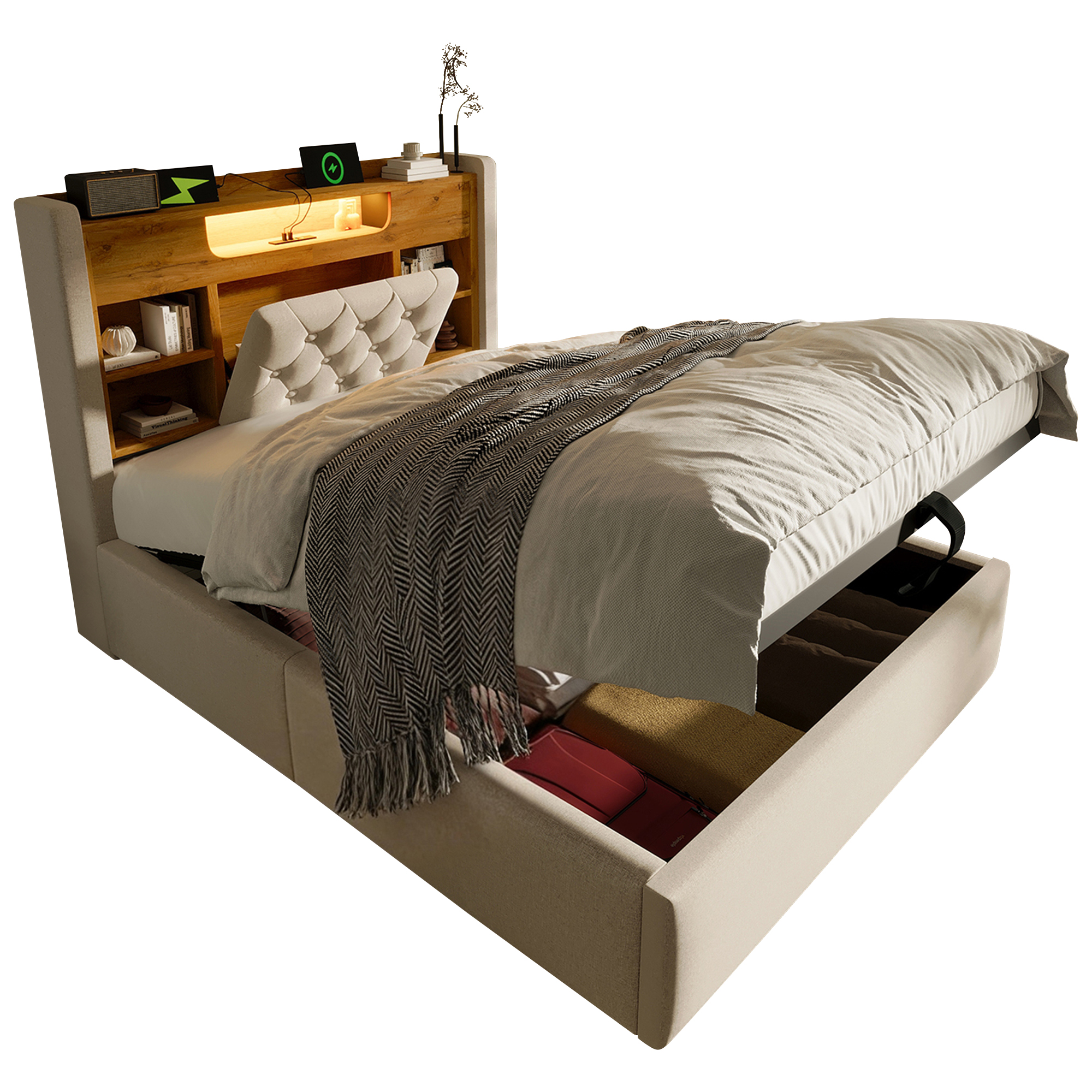 Lit rembourré 90 x 200 cm avec éclairage LED, port USB / Type-C, rangements intégrés, rangement hydraulique, beige - points forts 1