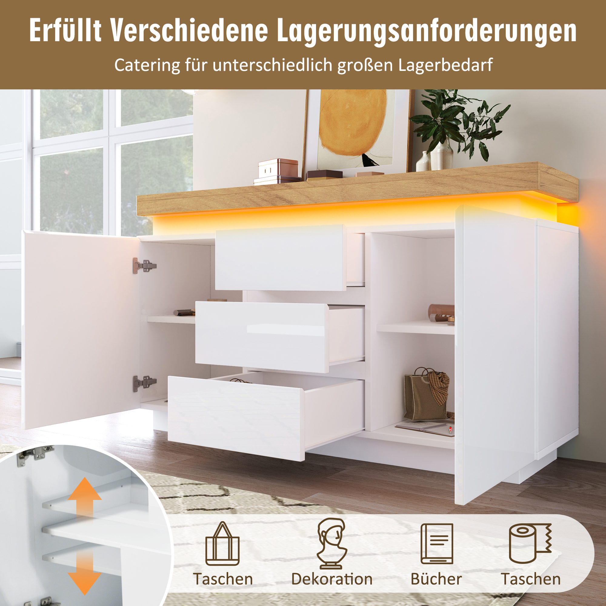 Commode, éclairage LED, avec tiroirs, 140 x 39 x 81 cm, panneaux de particules, blanc - vue 4