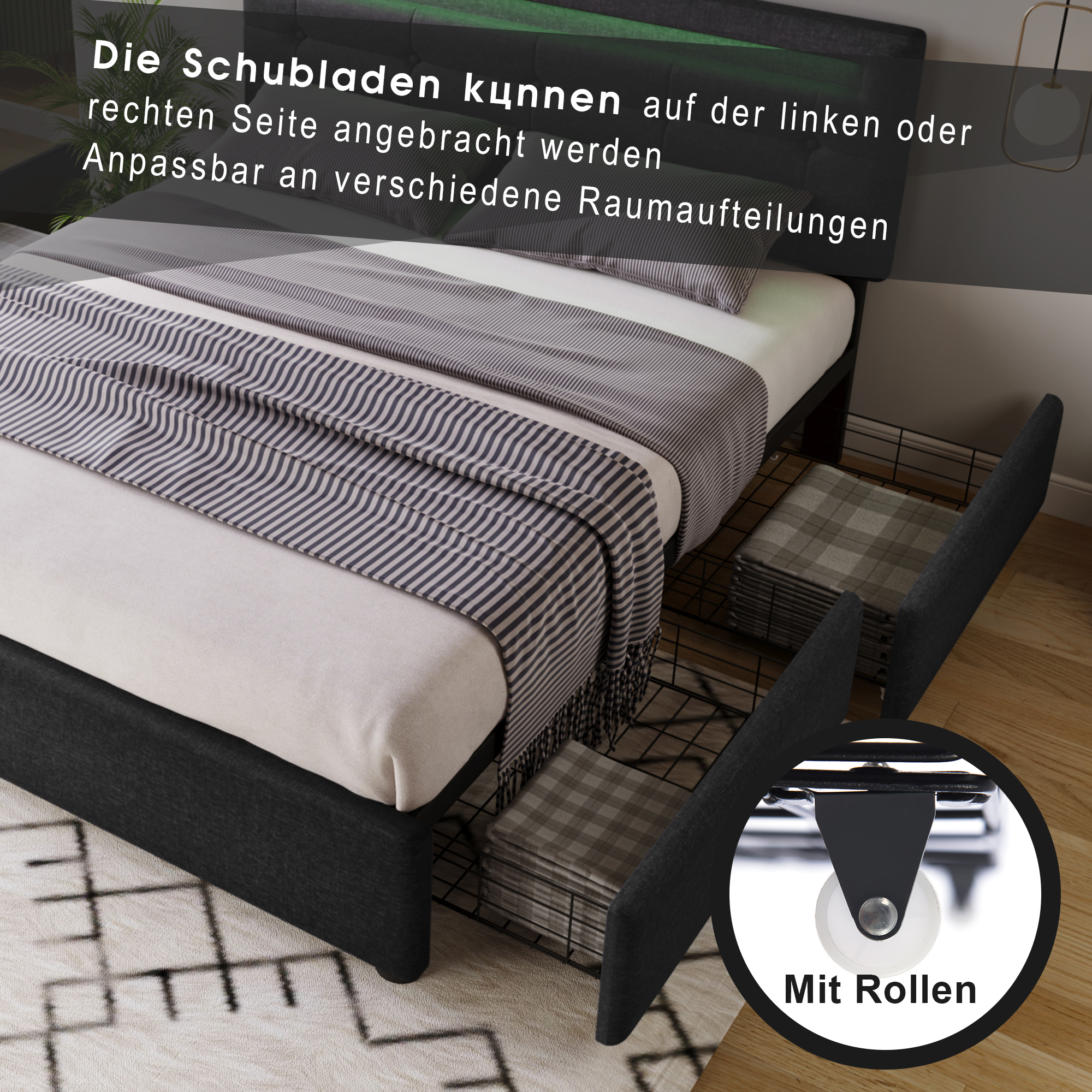 Bettgestell mit LED-Beleuchtung und 4 Schubladen, 