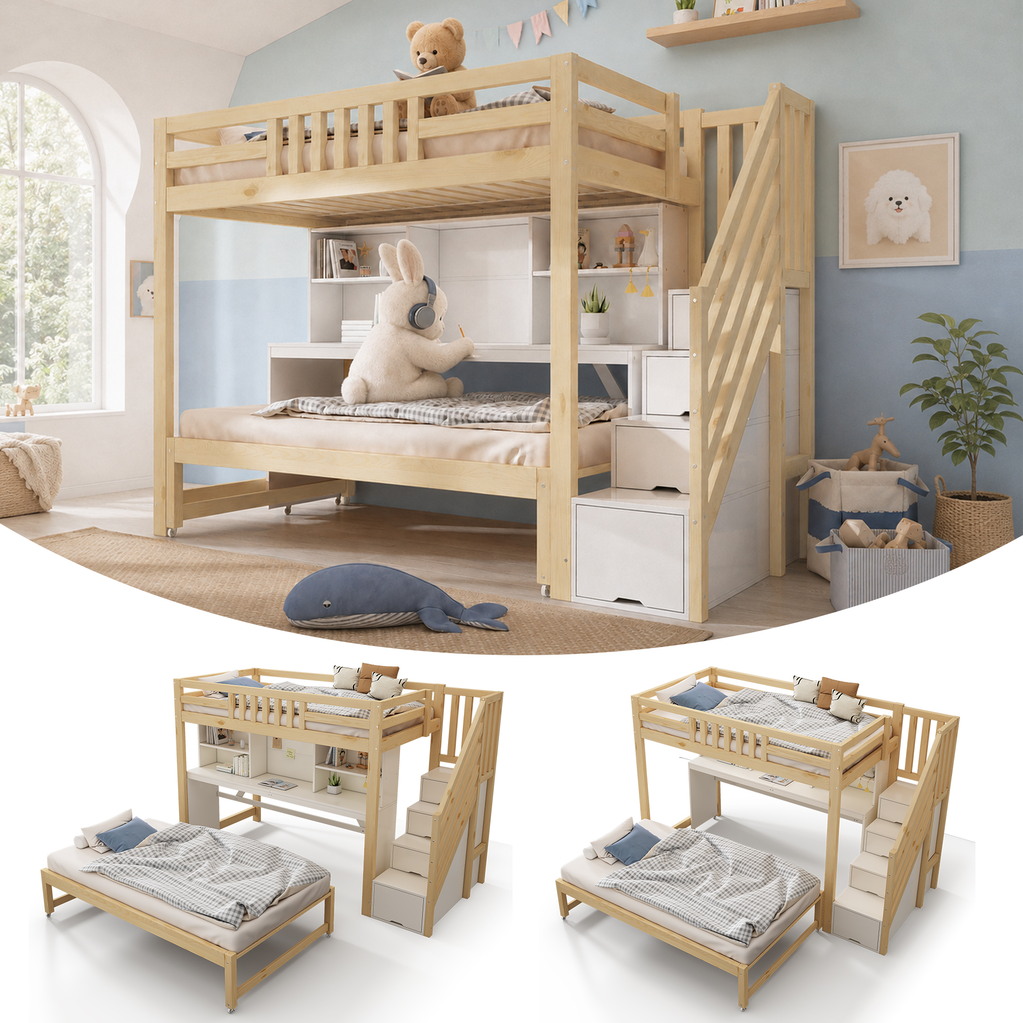 Lit superposé en bois 90 x 200 cm + 90 x 190 cm avec lit gigogne, bureau mobile, escalier avec rangements et espace inférieur ouvert