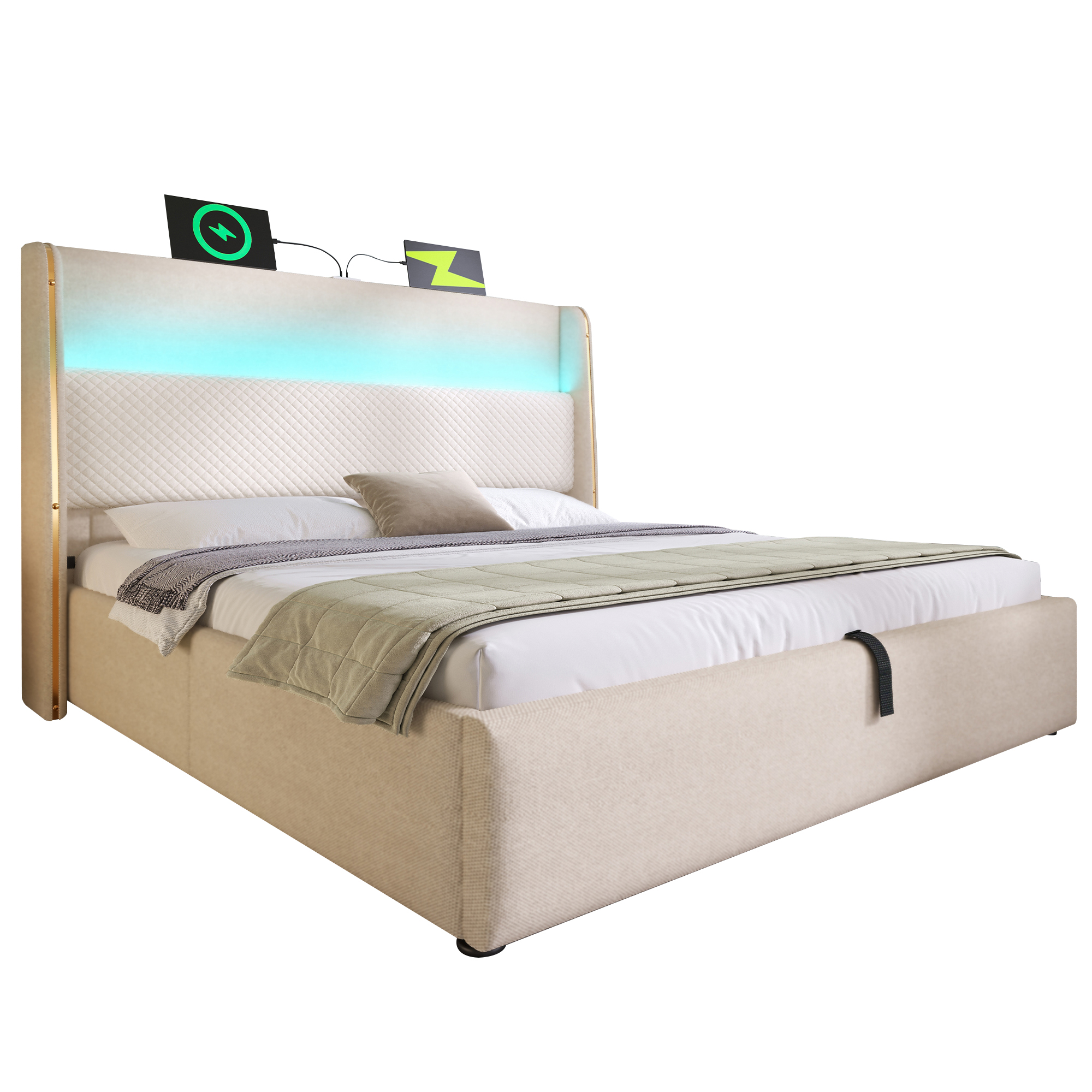 Lit coffre rembourré 160 x 200 cm avec toboggan, LED, ports de charge, rangement hydraulique, lin, Beige - dimensions et détails