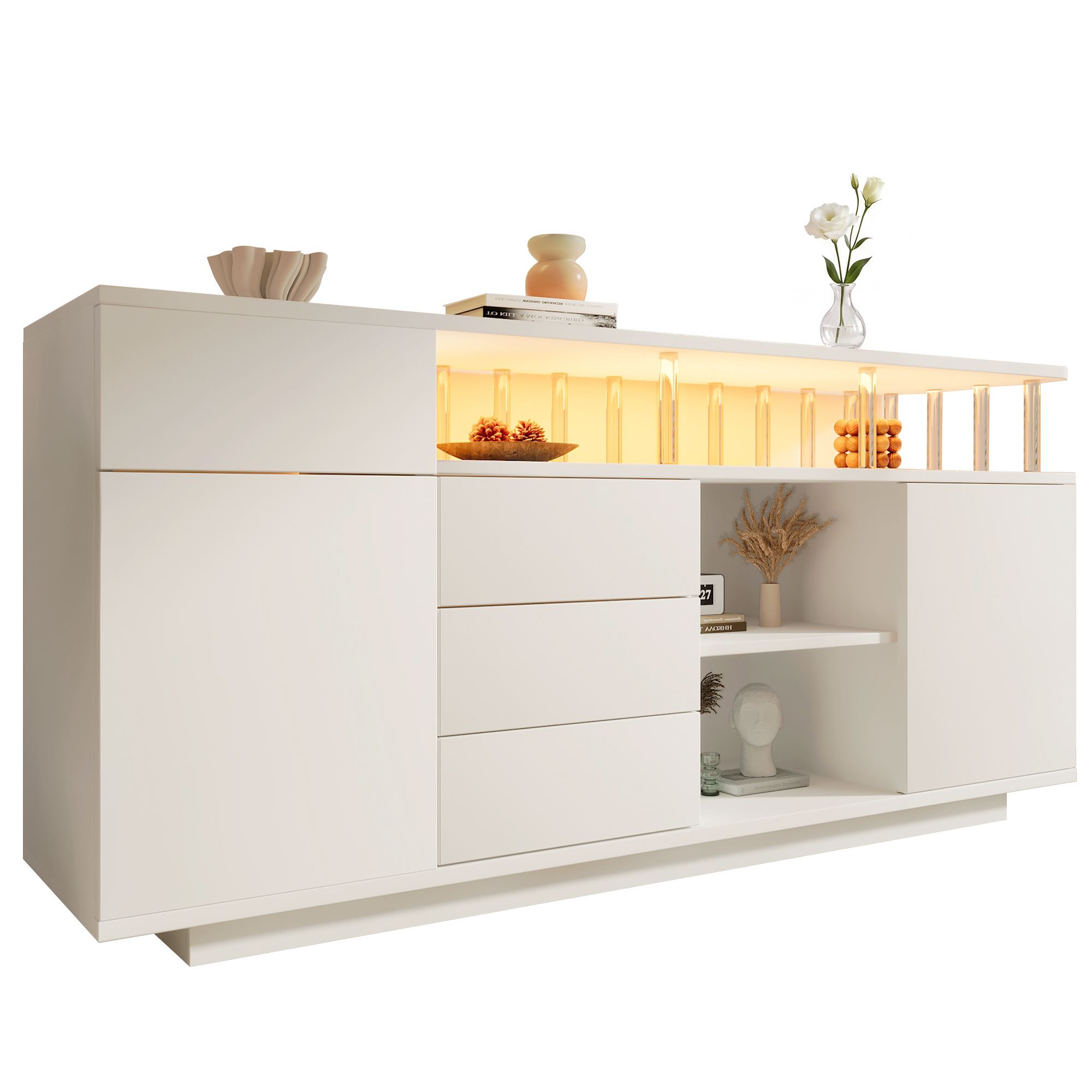 Commode, éclairage LED, avec tiroirs, 160 x 40 x 75 cm, bois, blanc - vue 3