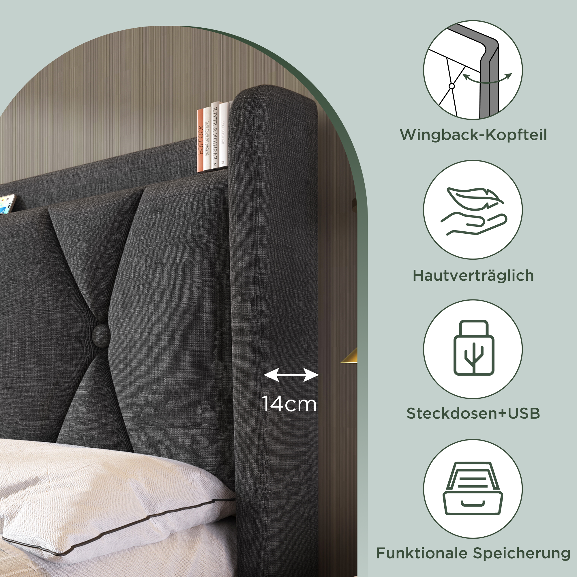 Polsterbett mit aufladen USB Ladefunktion Kopfteil