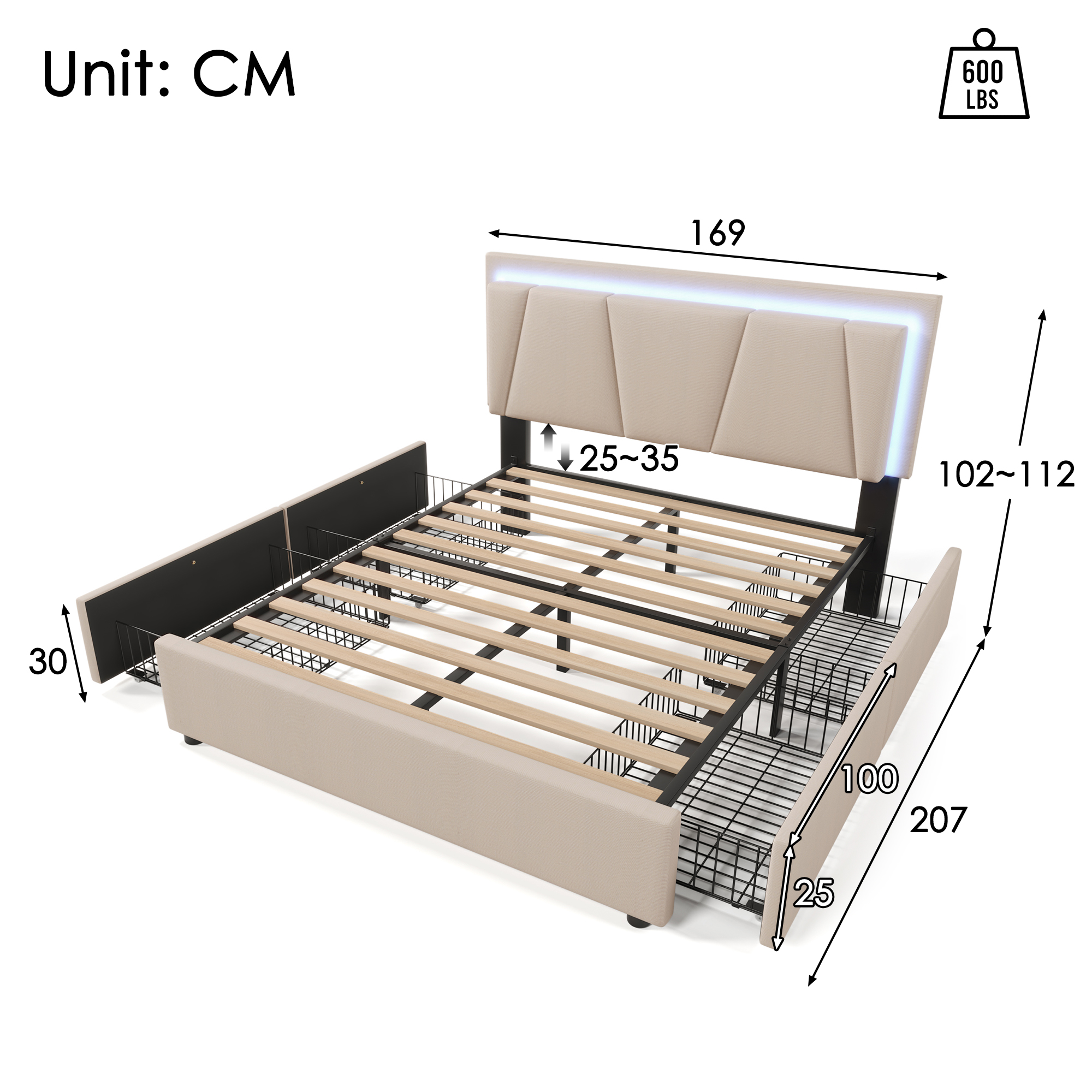 (=808182AAB)Polsterbett mit LED-Beleuchtung und 4 