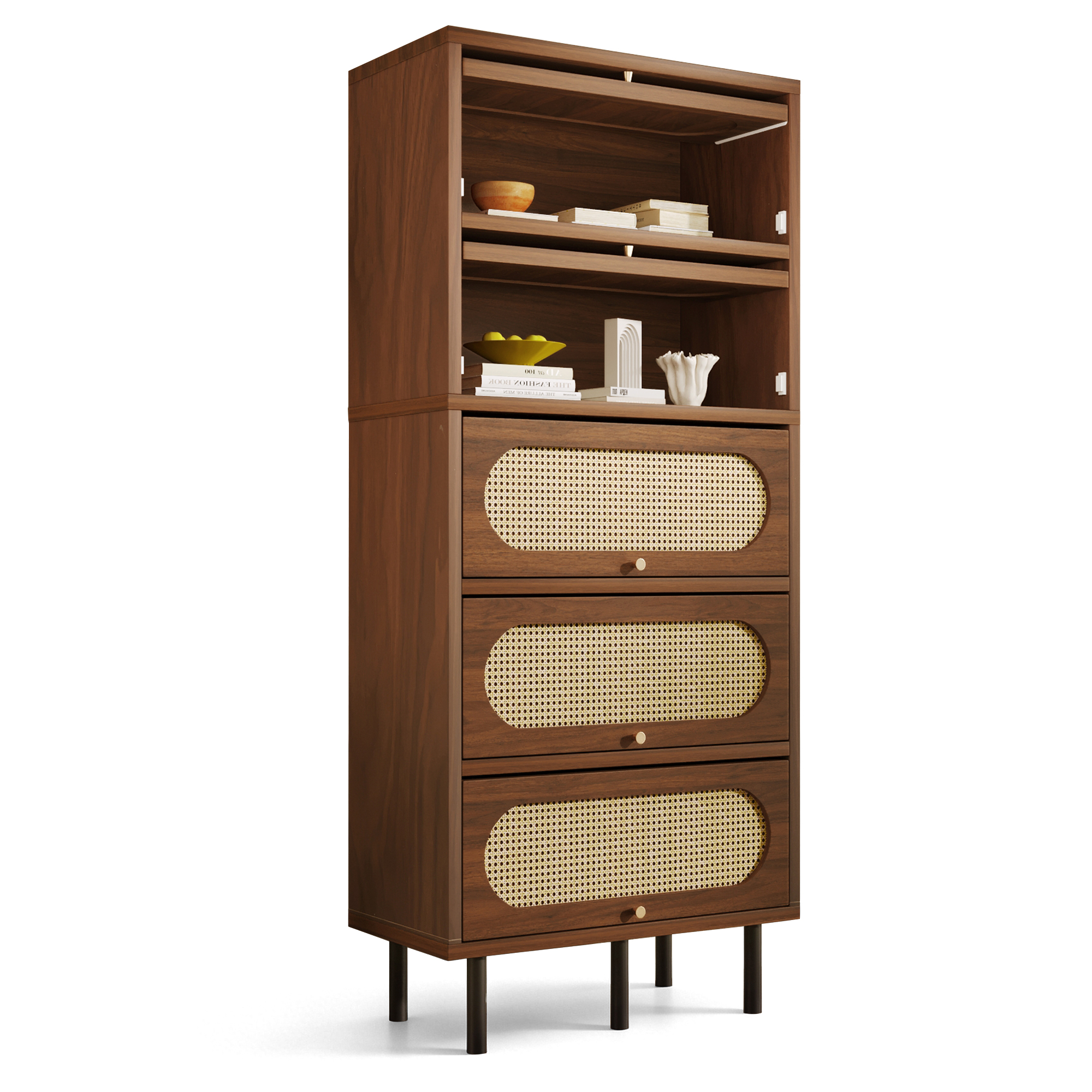 Commode, structure pliante, détails en rotin, 80 x 40 x 163 cm, métal, noyer - vue 2