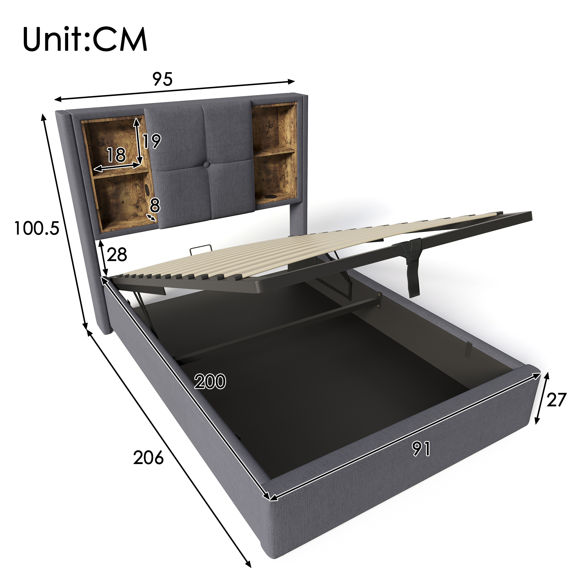 Einzelbett  mit Kabellosem Laden USB C, Polsterbet