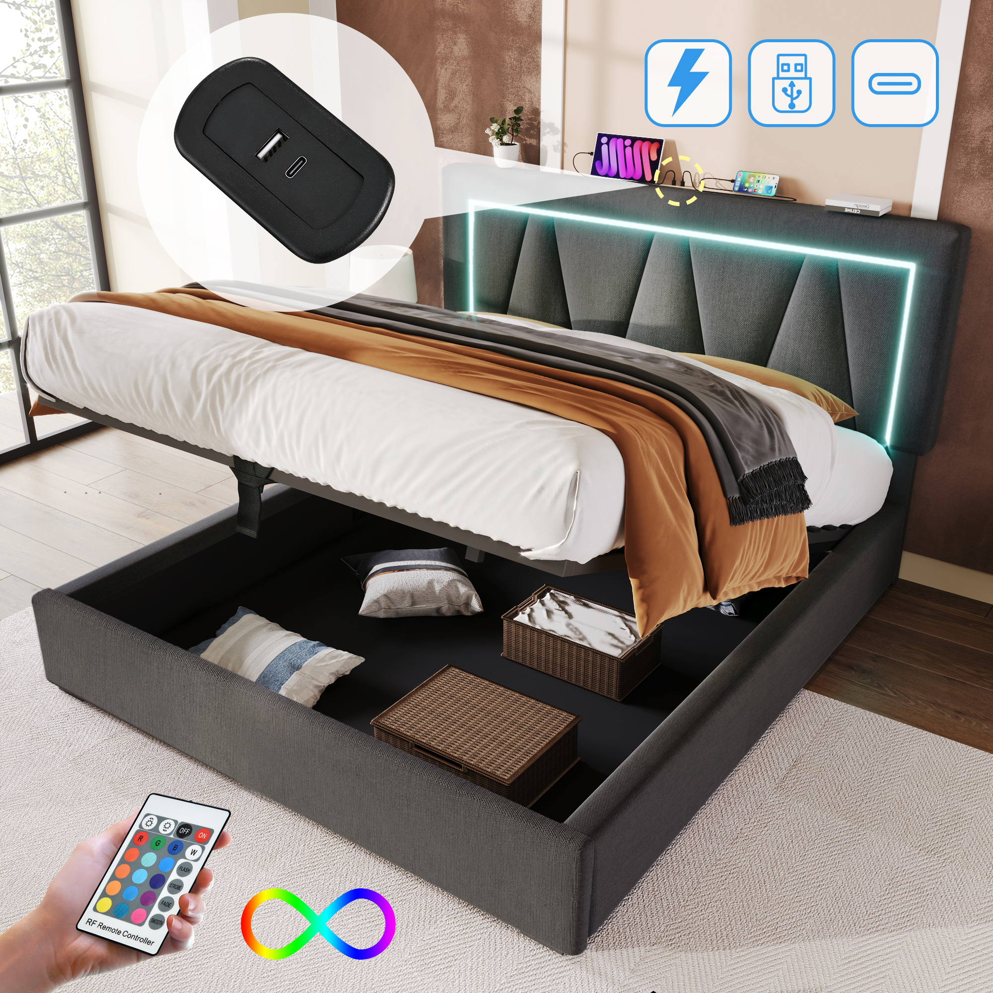 Polsterbett LED Doppelbett mit USB Typ C Ladefunkt