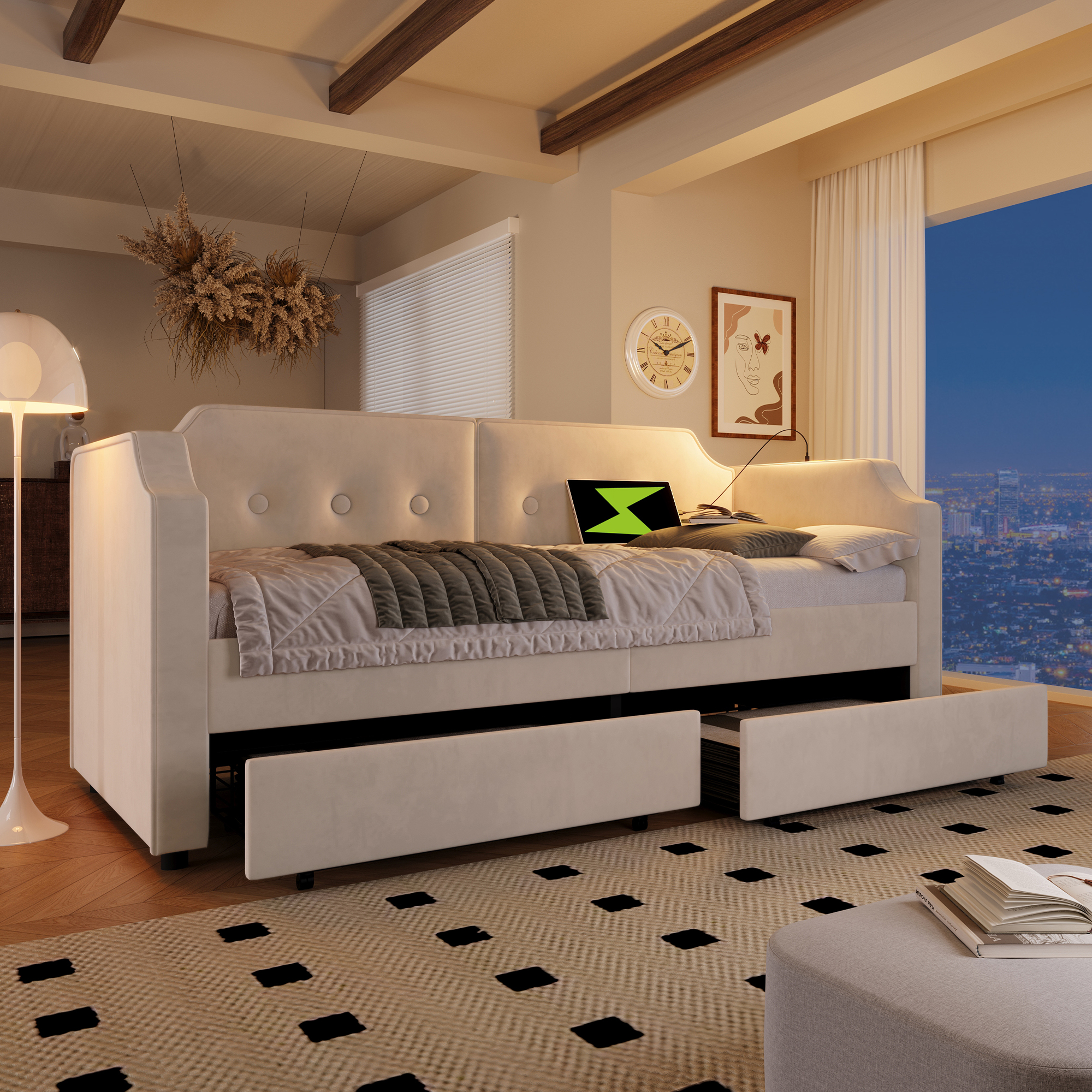Lit enfant, ports USB, avec tiroirs, 90 x 200 cm, velours, beige - vue 7