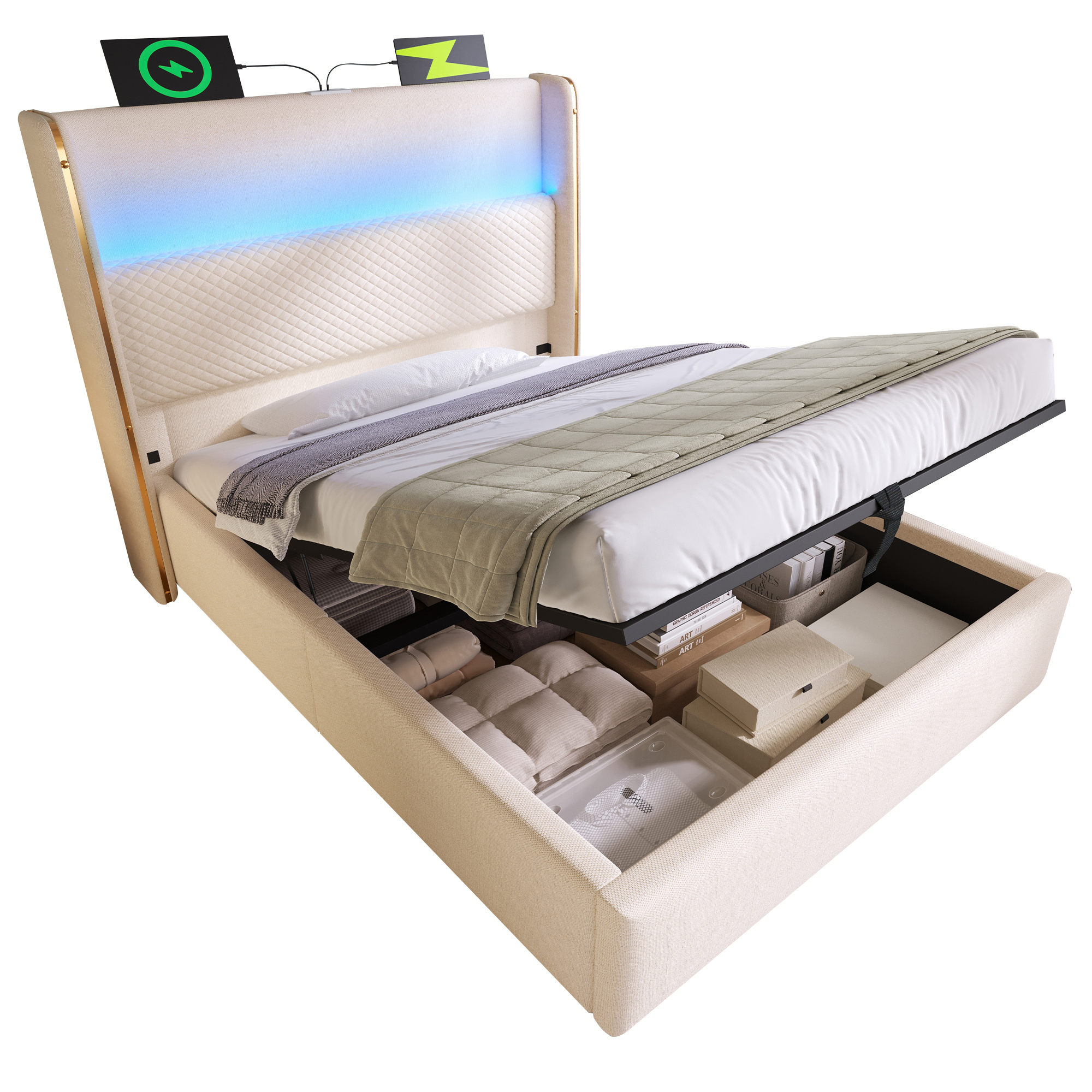 Lit coffre rembourré 90 x 200 cm avec toboggan, LED, ports de charge, rangement hydraulique, lin, Beige - fonctions