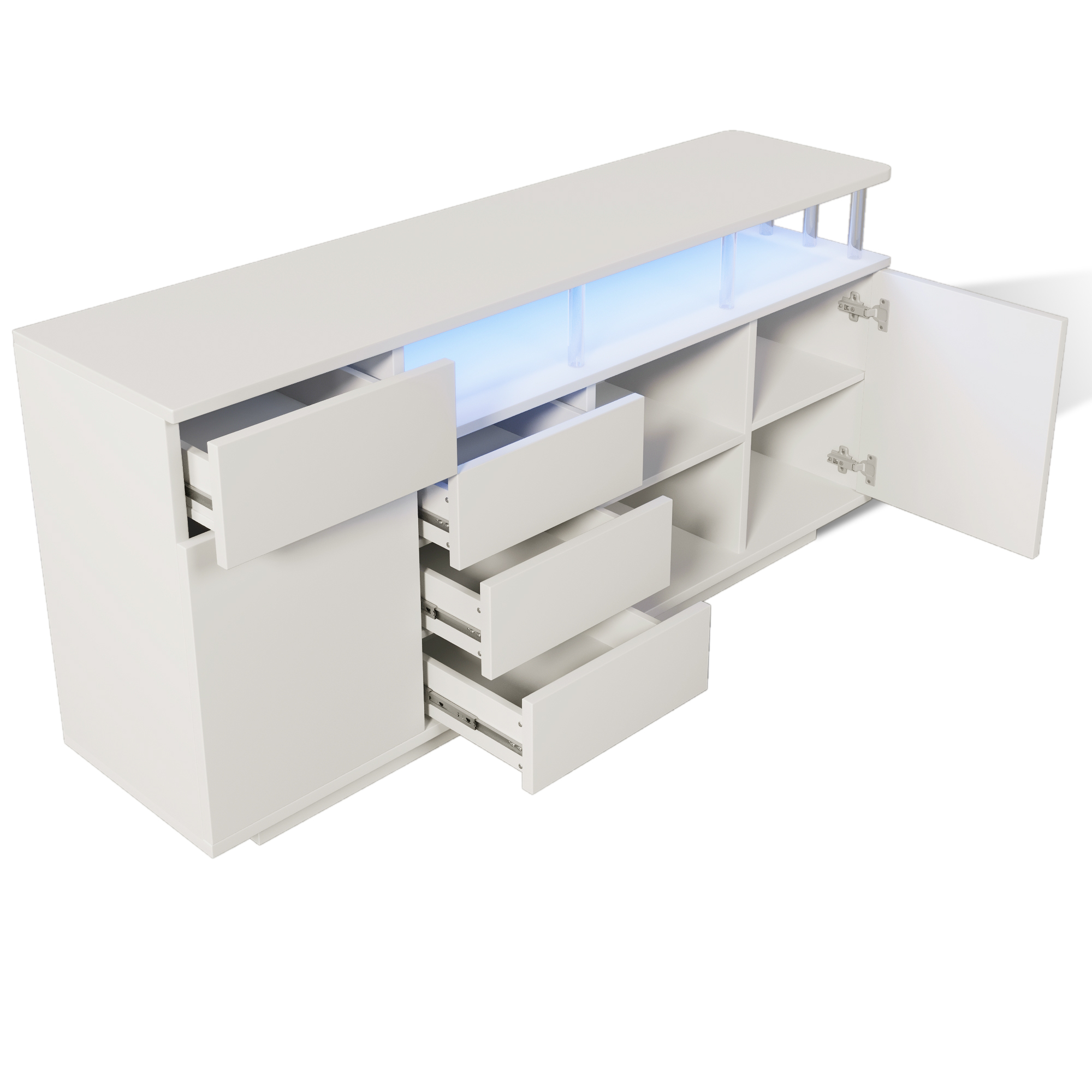 Commode, éclairage LED, avec tiroirs, 160 x 40 x 75 cm, bois, blanc - vue 5